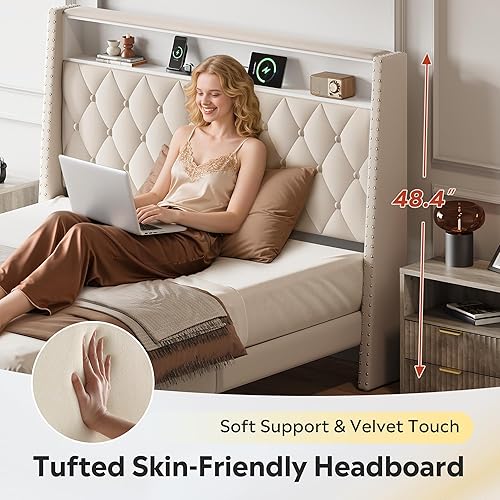 Miniatura 4 de WLIVE Base de cama tapizada tamaño Queen con cabecera de ala de 48 pulgadas de alto, cama cuadrada de terciopelo con estación de carga, soporte de