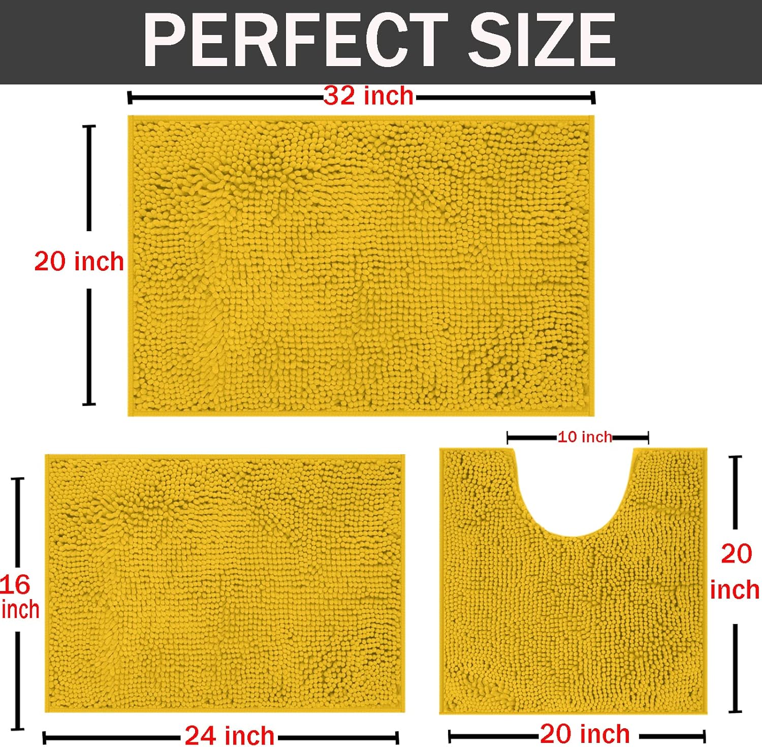 RUN HELIX Bathroom Rugs Sets 3 Piece, Soft Absorbent Chenille Bath Rugs, Non Slip Rubber Backing Machine Washable Quick Dry Bath Mats for Bathroom Floor, Tub, Shower, Yellow