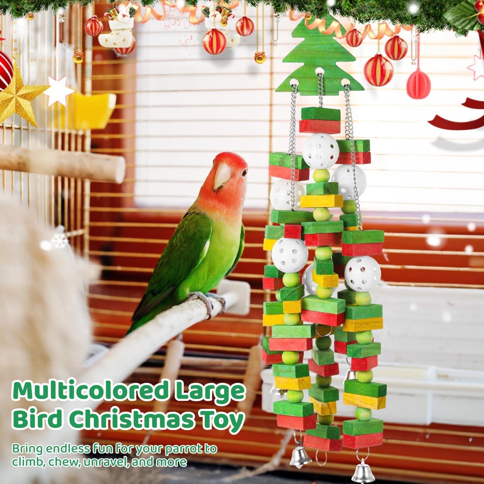 Großes Vogelspielzeug für Papageien, weihnachtliches Hängeholz mit Glocken, Bunte Holzklötze in Tannenbaumform zum Kauen, für Ara, Graupapagei, Edelpapagei, Kakadu, zum Aufhängen im Käfig