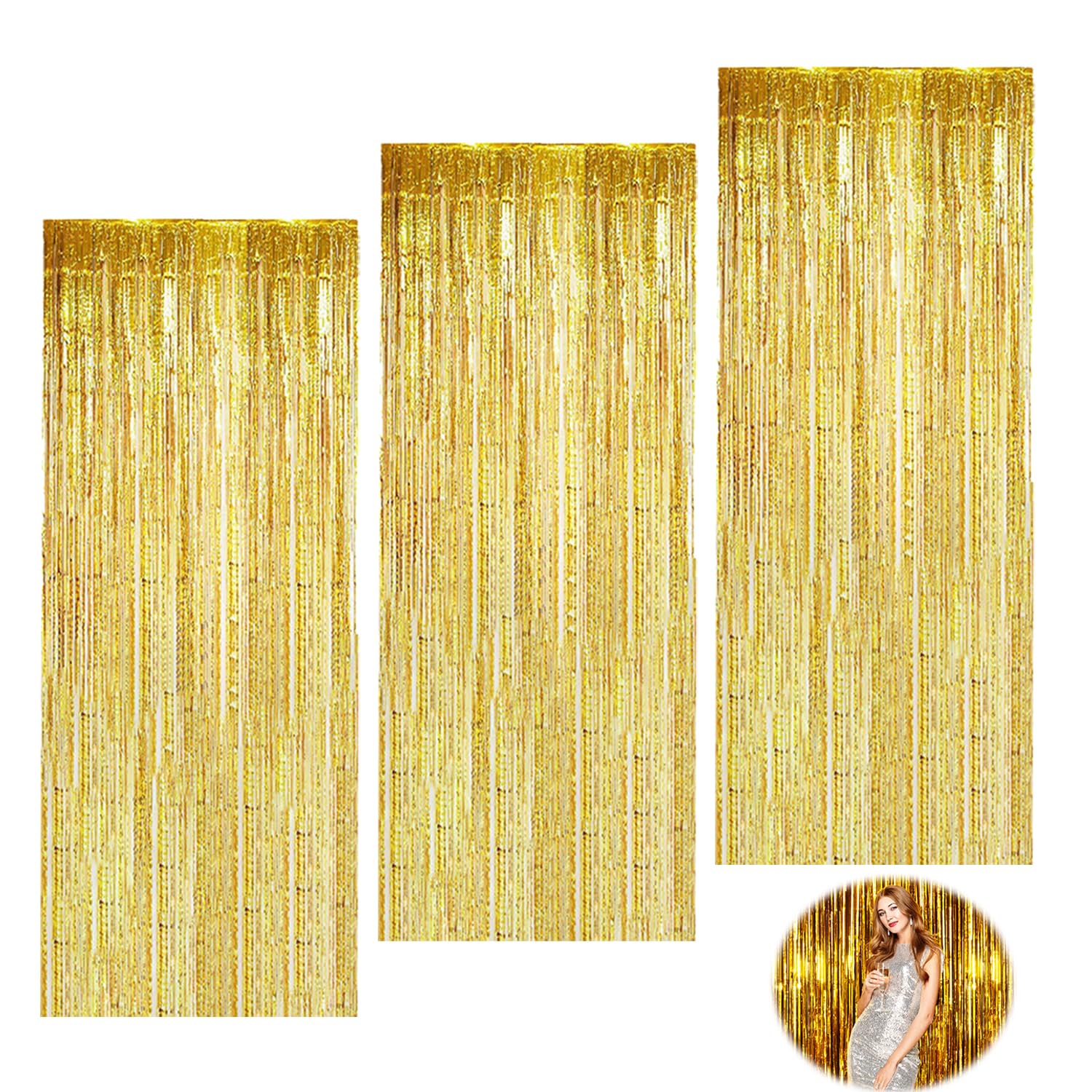 3 Pièces Tinsel Or Brillant Rideau Frange, 1m*2m Anniversaire Doré Paillette de Frange à Paillettes, Rideau-Franges Toile de Fond pour Photos Scintillante de Fête pour Decoration Anniversaire Mariage