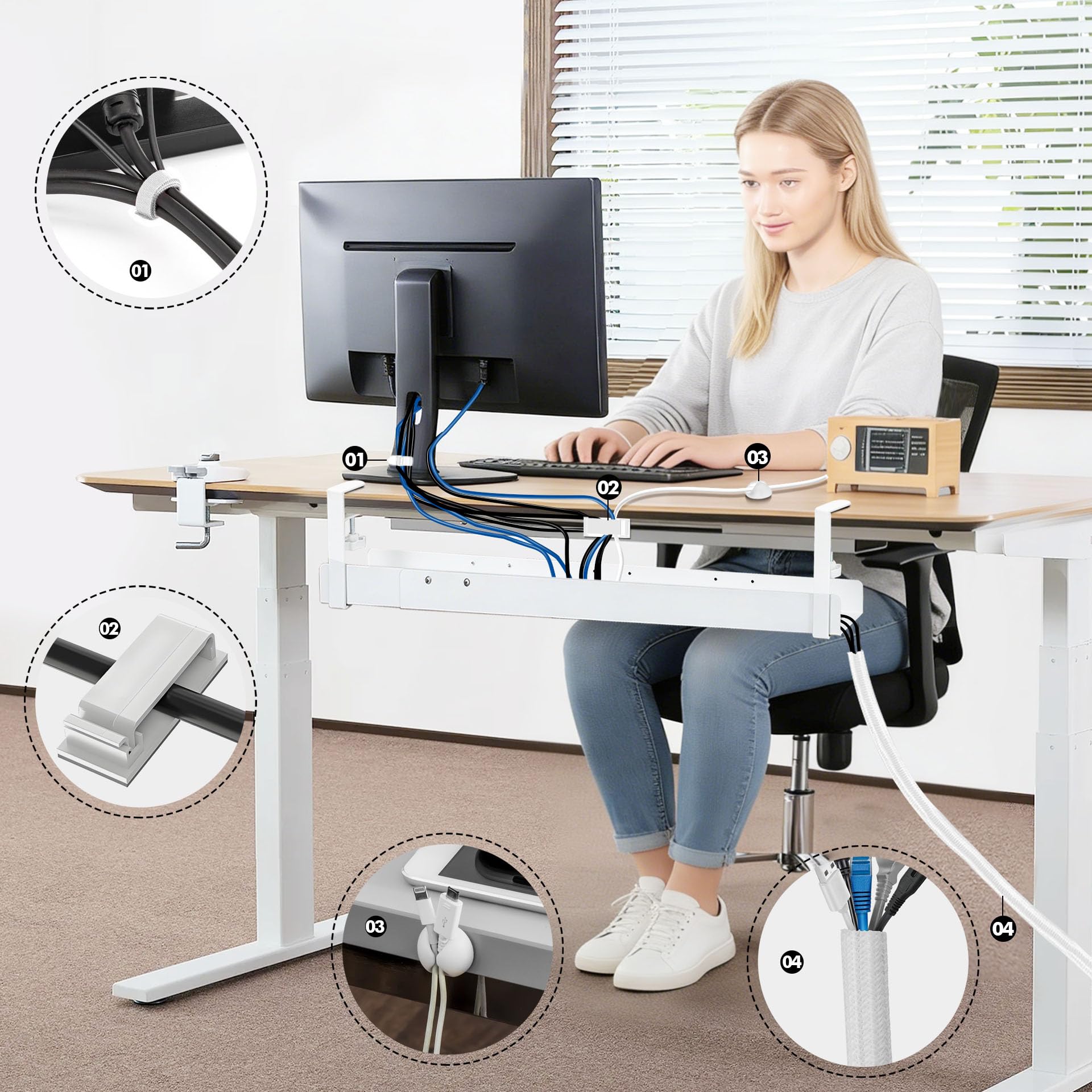 Mimoke Goulotte de câbles de bureau - Extensible de 800 à 1200 mm - Gestion des câbles - Bureau avec accessoires - Montage facile par serrage (blanc)