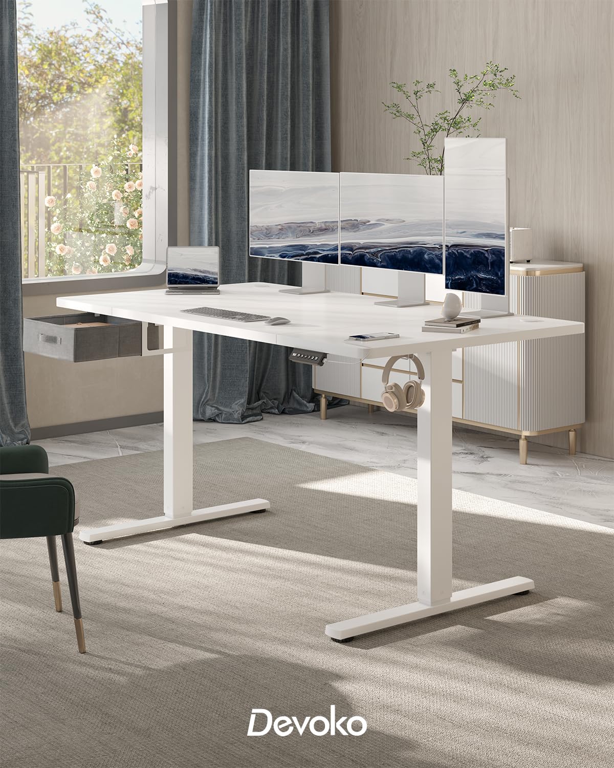 Devoko Höhenverstellbarer Schreibtisch 160x80cm, Schreibtisch Höhenverstellbarer mit Schubladen, USB-A Ladeanschluss, Computertisch mit Kabel Management Tray, Standing Desk mit 3 Memory Funktion Weiß