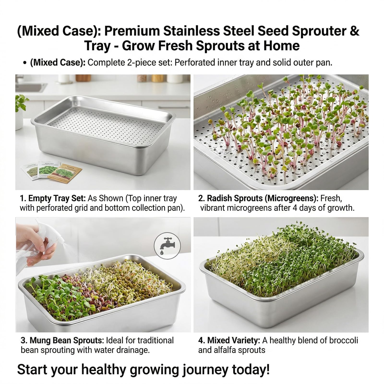 2er Set Sprossen Anzuchtset aus Edelstahl 2 in 1 Keimschalen 26 x 19 cm mit Feinem Edelstahlsieb und Untersetzer für Sprossen Kresse Microgreens Weizengras Wiederverwendbar Rostfrei Spülmaschinenfest