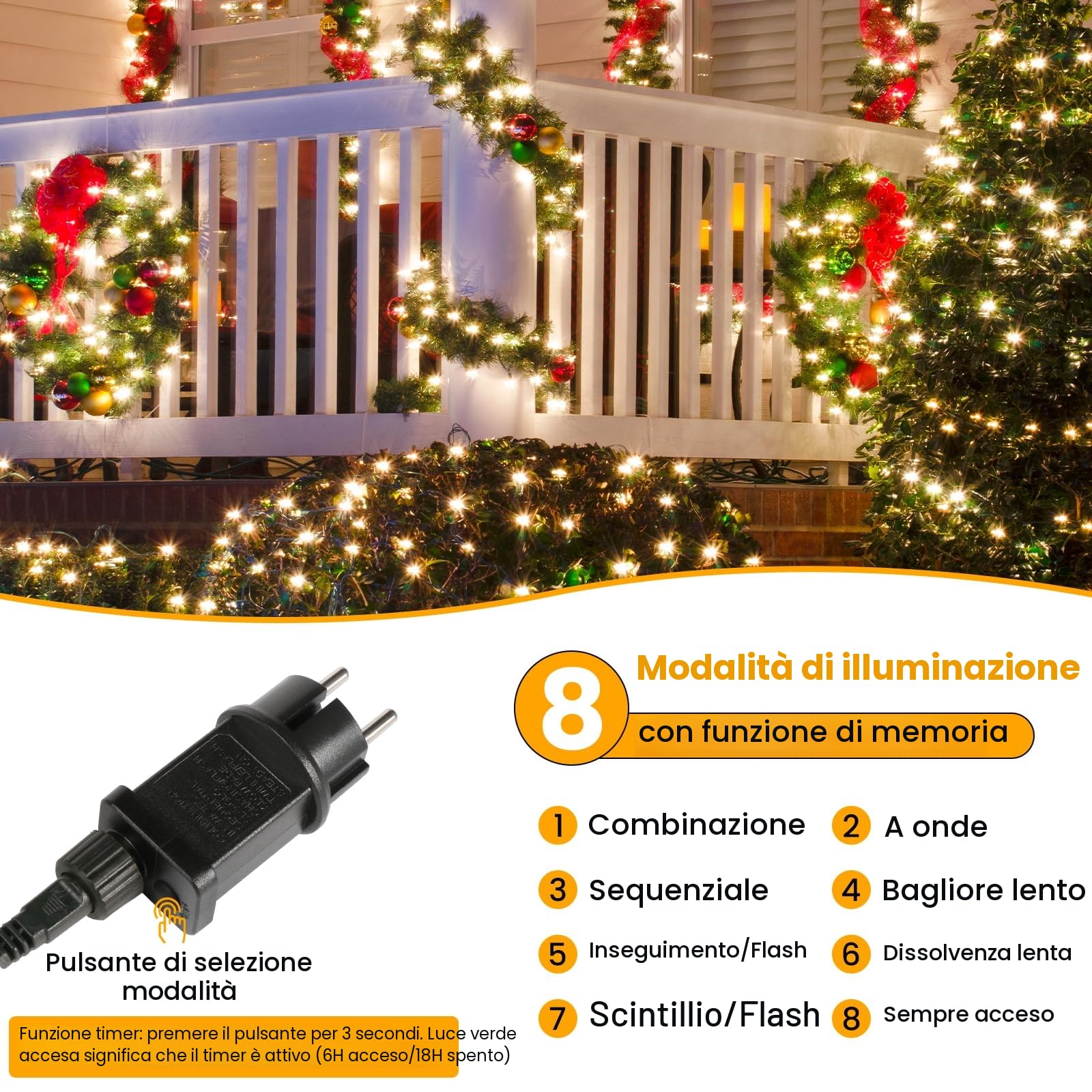 Luci Albero di Natale, 30M 300LED Luci Natale Esterno Collegabile in Serie, Timer & IP65 Luci Natalizie da Esterno con Spina, 8 Modalità Luci Led Albero di Natale da Interno, Balcone, Catena Luminosa