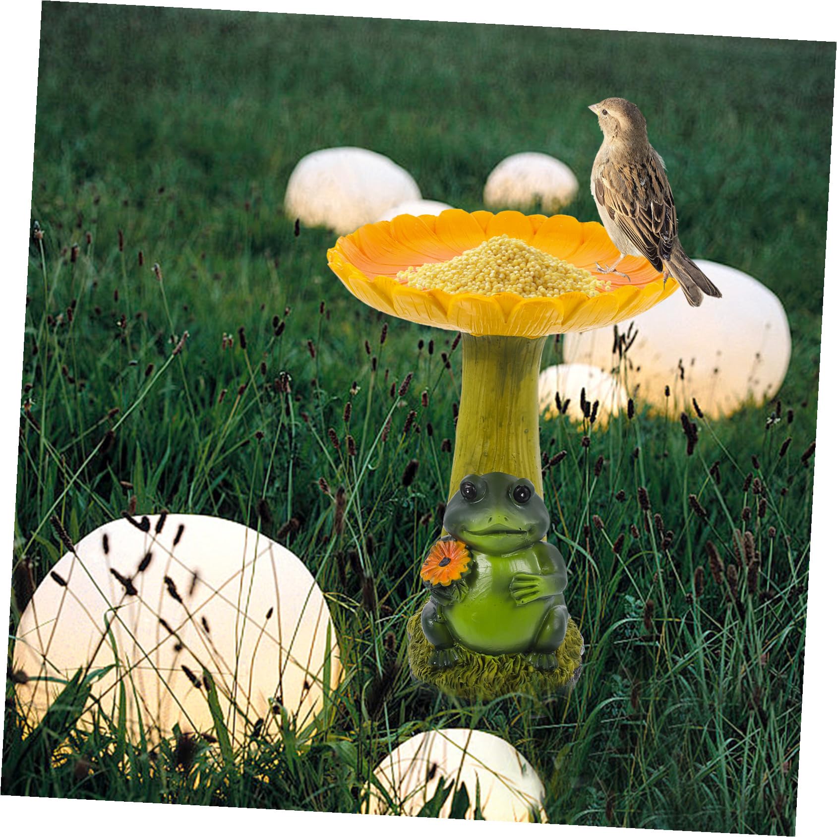 Comedero para Pájaros de Resina Diseño de Rana y Girasol para Jardín Exterior, Baño para Pájaros Decorativo, Resistente y Fácil de Limpiar, Accesorio de Jardín Funcional