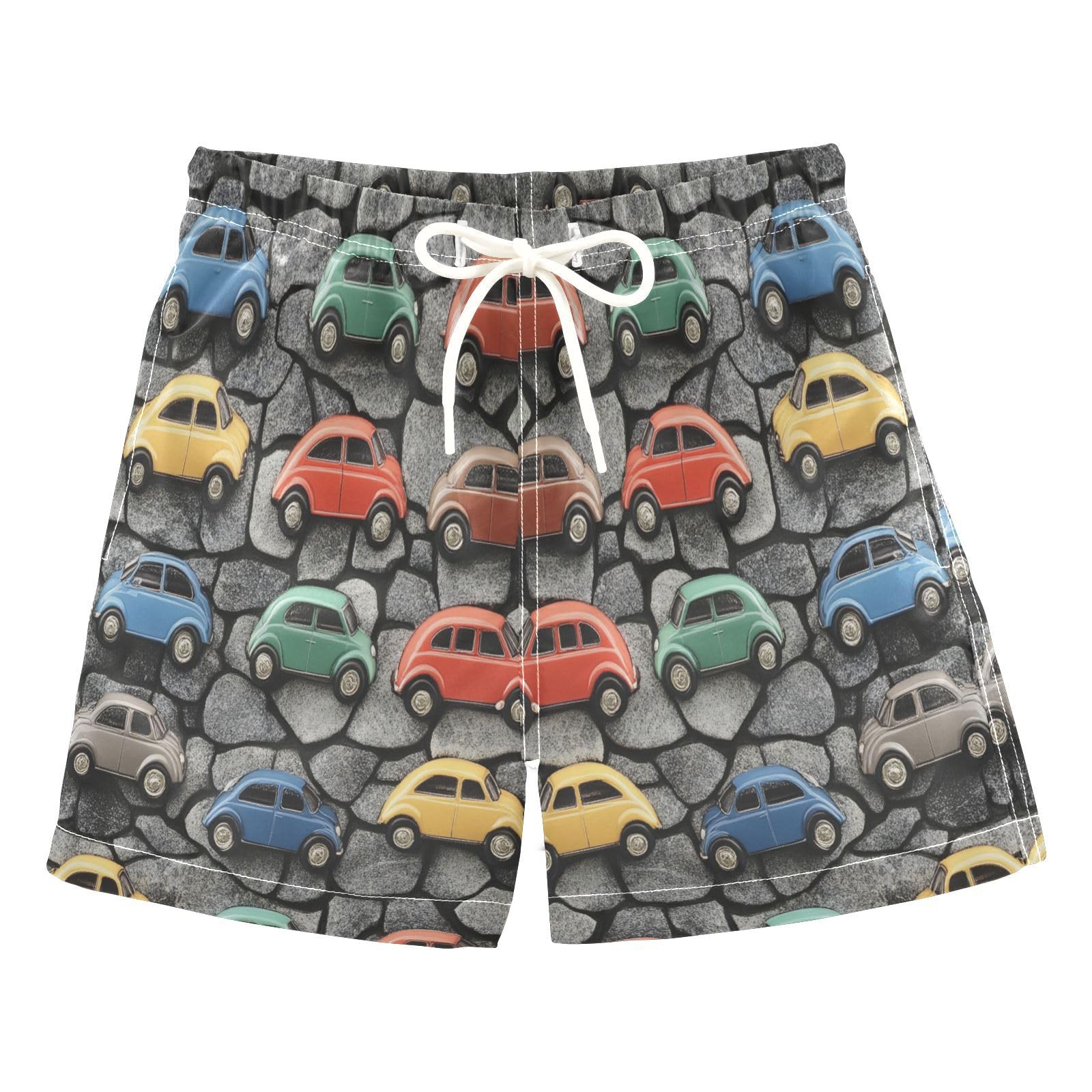 Jucciaco Boys Beach Board Shorts Retro Stone Car Cartoon Swim Trunk Teen Swimwear Multicolor