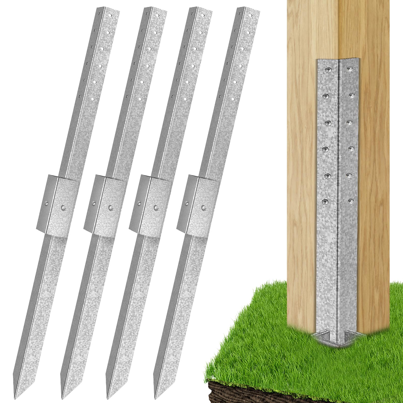 Pack of 4 Fence Post Repair, 2025 New Upgraded Fence Post Anchor Ground Spike for Repair Tilted/Broken Wood Fence Post