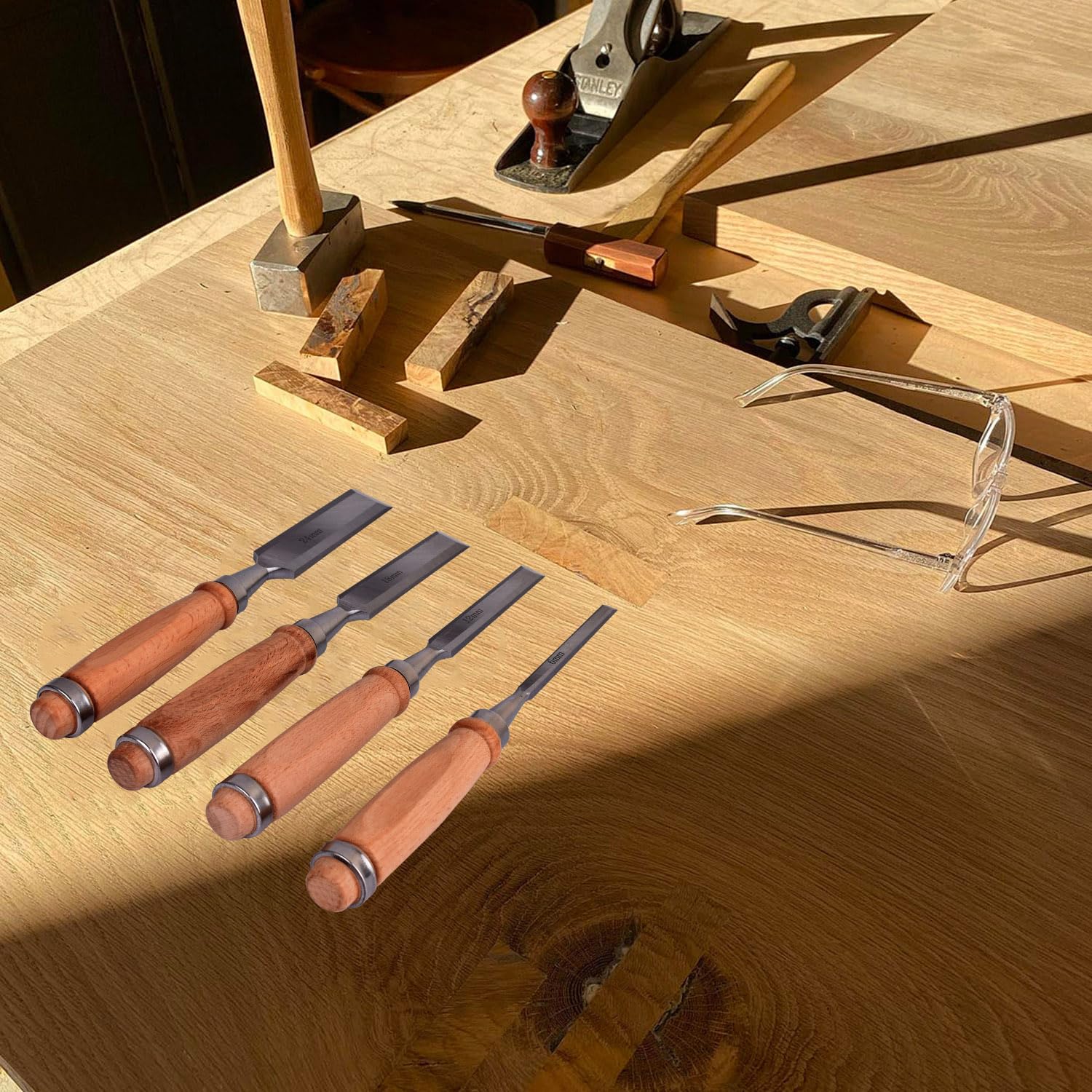 Juego de 4 cinceles de madera hechos a mano de acero al cromo vanadio con mango de madera para carpintería