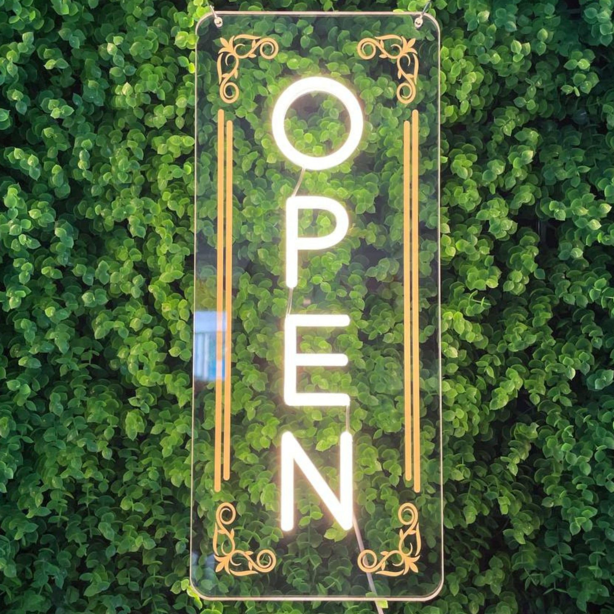 Vertical LED Open Sign - UV printing Pattern, LED Open Signs for business – USB Powered Neon Wall Light, Neon Sign for Shop, Window, or Business Use (7x16.5'', Warm White)