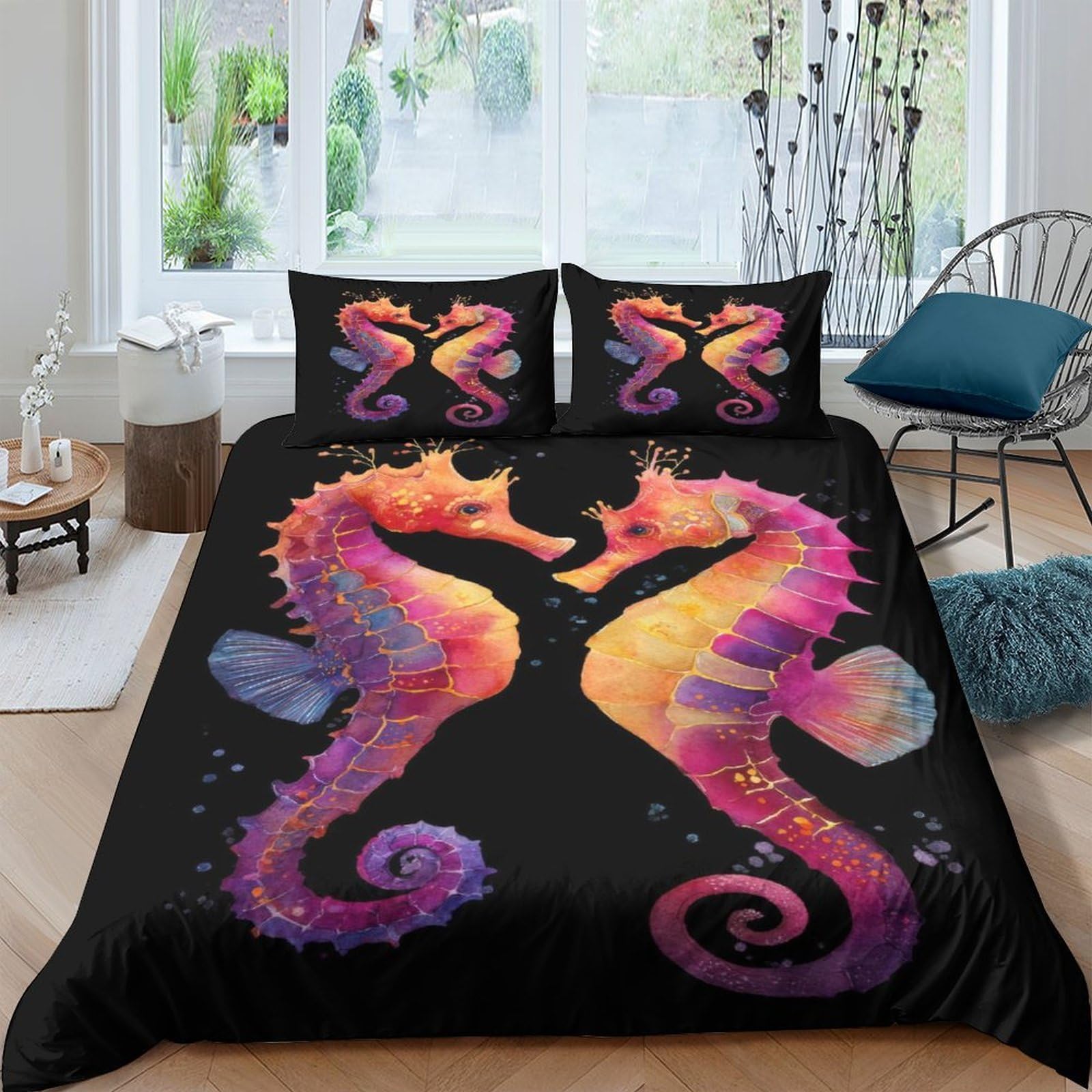 GPLZQXKJNH 3D Printed Colourful Seahorse Duvet Cover Microfiber Soft Breathable Butterfly Quilt Cover Set with 2 Pillowcases for Bedroom Decor Single（135x200cm）