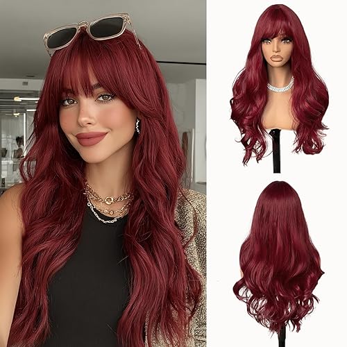 Aecaeceo Burgundy Wig with Bangs Long Wine Red Wigs for Women Realistic Red Wavy Wigs Synthetic 26 Inches Cosplay Wig Natural Hair Replacement Wigs Red Hair Wigs for Holiday Daily Party Use
