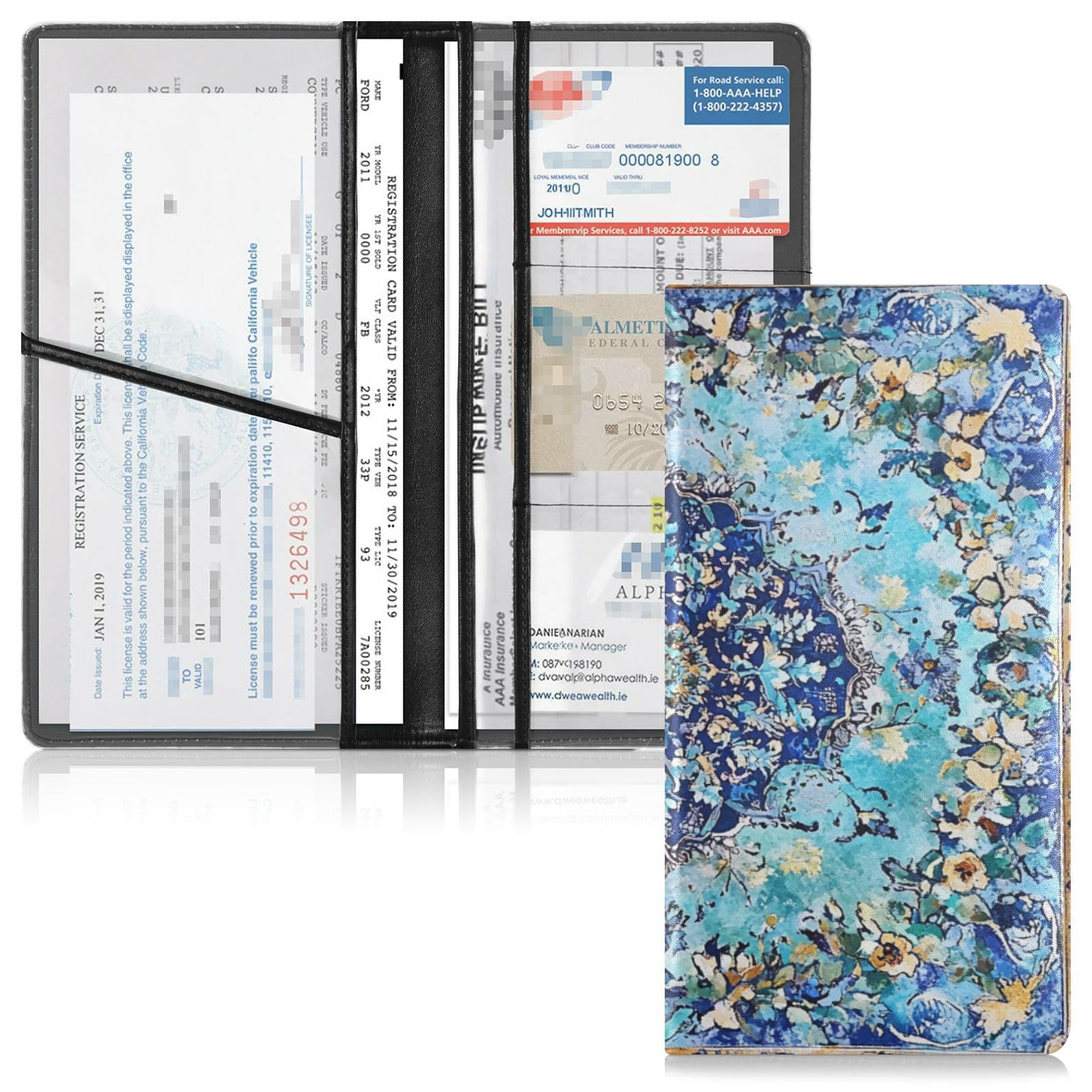 Leather Registration and Insurance Card Holder Men Women Auto Truck Comparment Accessories Case for Cards, Essential Document, Driver License Vehicle Paperwork Bohemian Boho Vintage Mandala Style