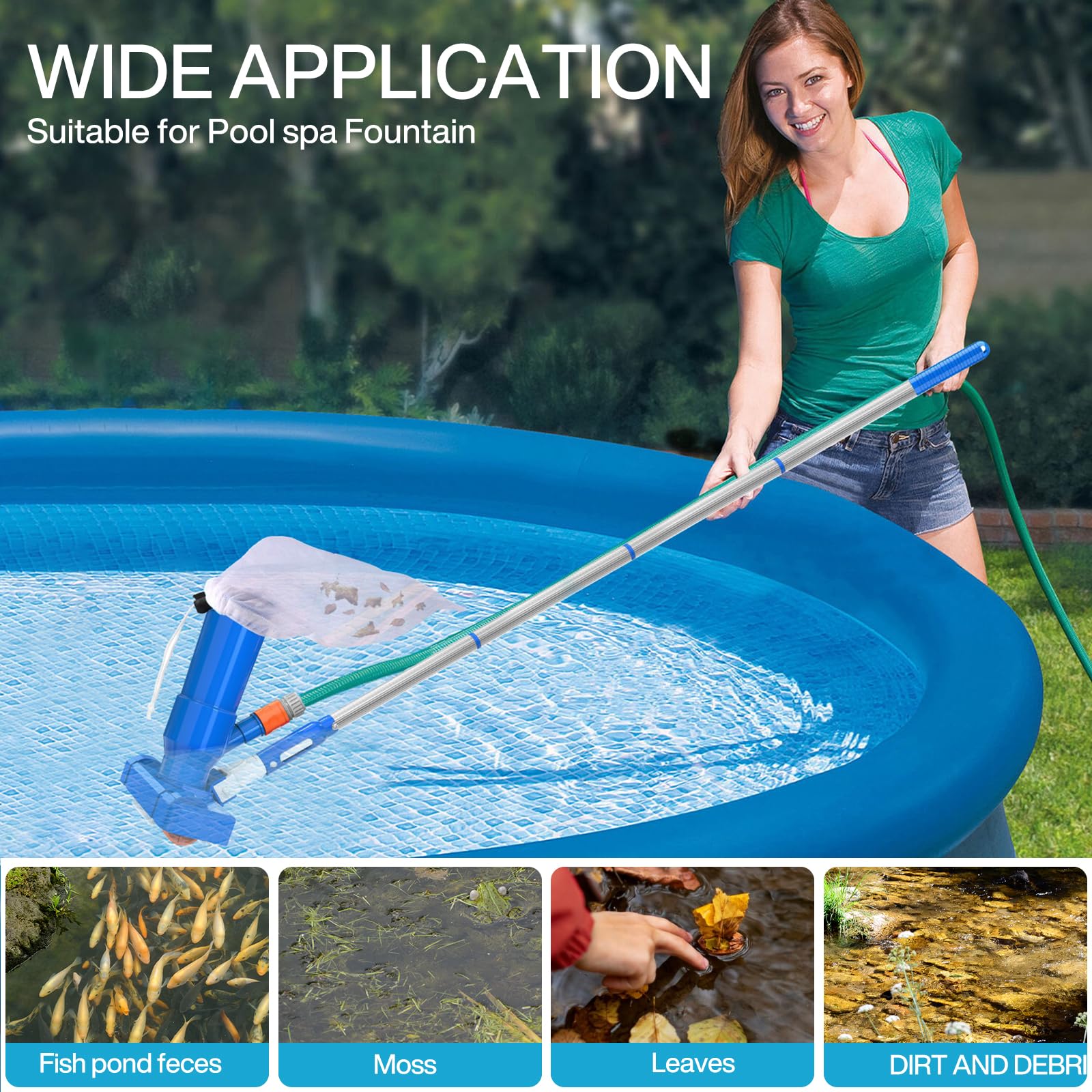 Aspirador de Piscina, Aspiradoras de Mano para Piscinas con 4 Postes de Aluminio Extraíbles y Skimmers para Piscinas, Kit de Limpieza Piscina para Bañera de Hidromasaje de Fuente de Piscina