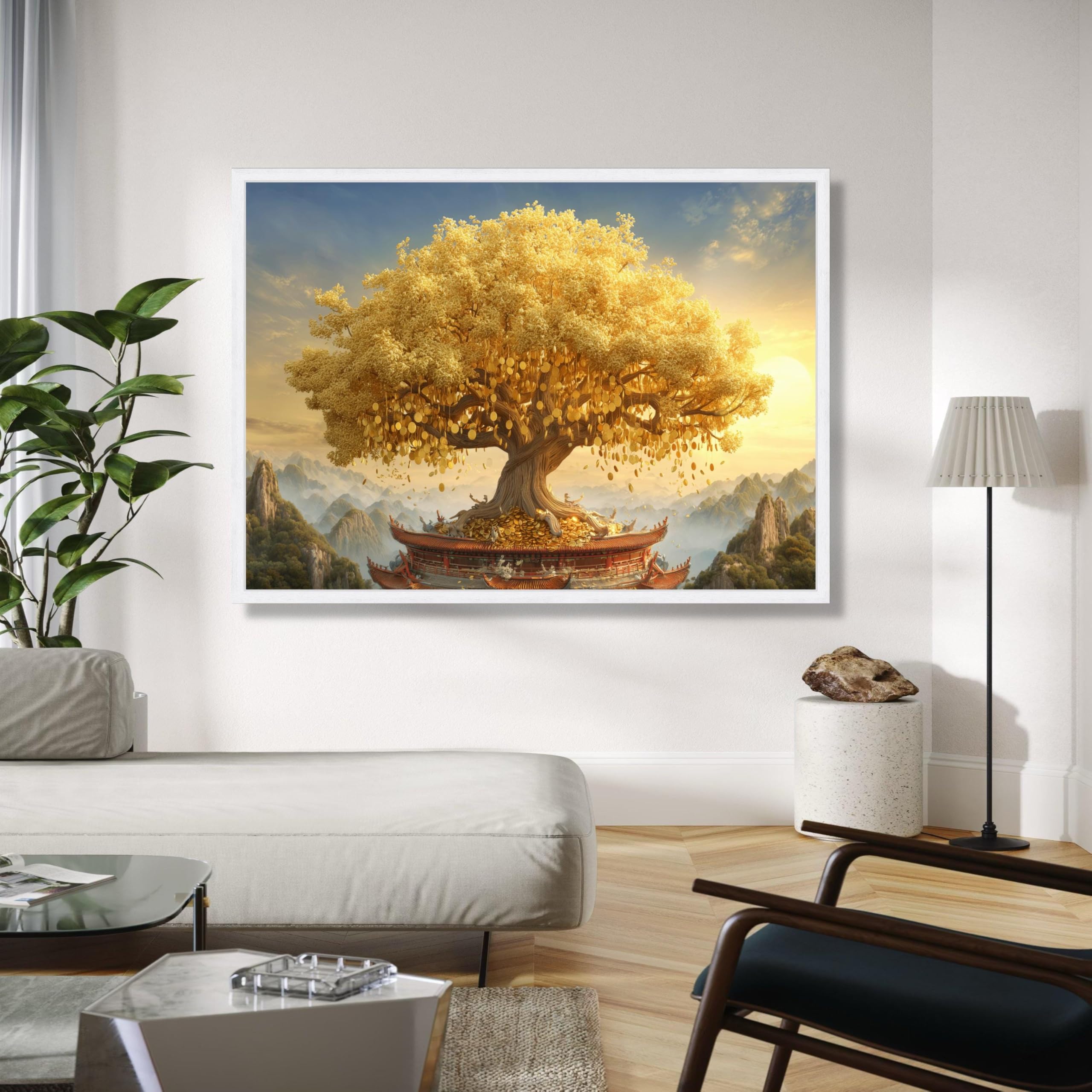 XBTYKPB Árbol del dinero dorado, lienzo decorativo Feng Shui, decoración de pared para la prosperidad, pintura símbolo de riqueza, estilo asiático, decoración del hogar, impresión (50x75cm/sin marco)