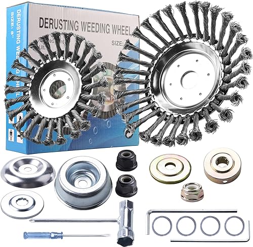 Gashwer Juego de cortadores de cepillo giratorio de alambre de acero de 6+8 pulgadas, cortadora de malas hierbas con adaptador universal, compatible
