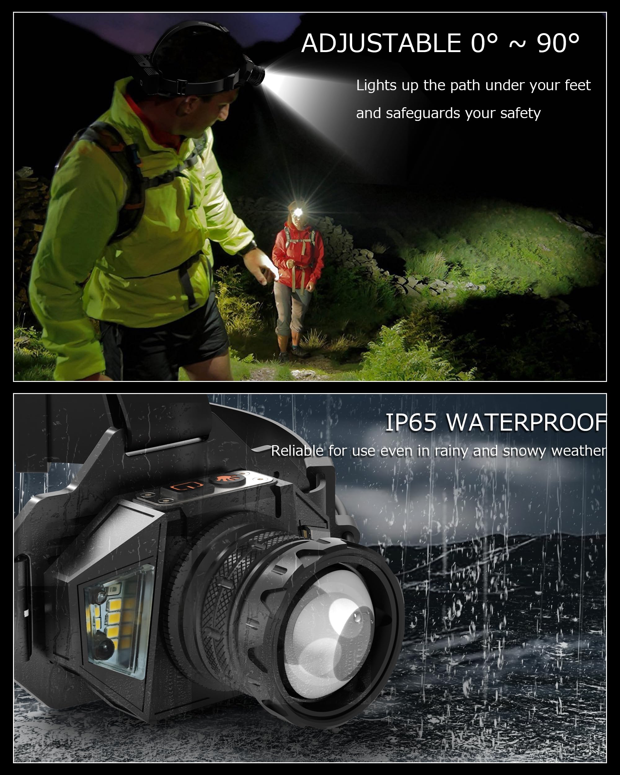 Torcia frontale ricaricabile con zoom e luce laterale rossa, 4000 lm, con sensore di movimento, luci a 3 colori, impermeabile IP65, regolabile a 90°, per escursionismo, pesca, campeggio