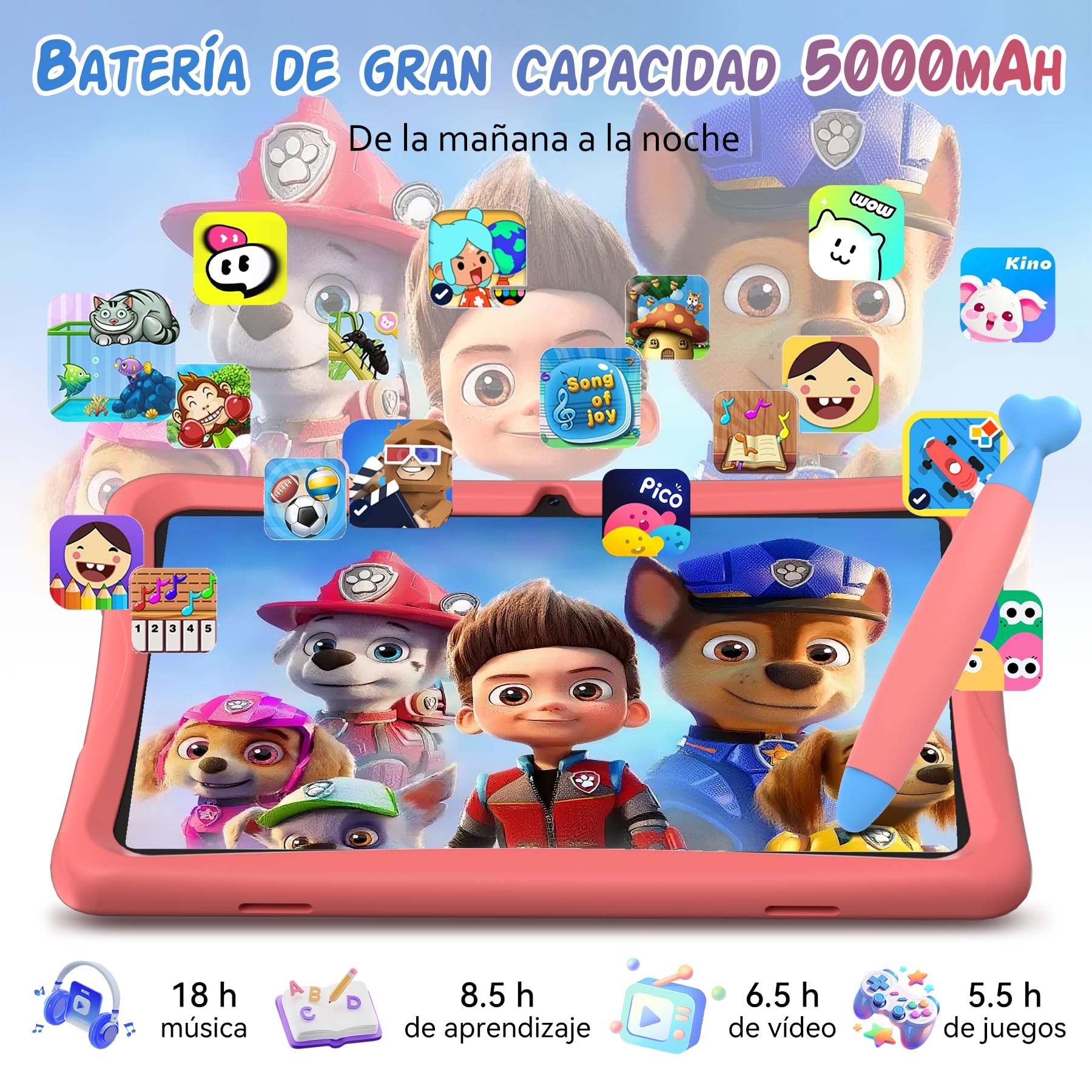 TABWEE K10 Tablet para Niños 10 Pulgadas, 12 GB RAM+64 GB ROM (TF 2 TB) | Tableta Infantil con Google Kids Space, Tableta Educativa para Niños con Wi-Fi, Control Parental, Funda Rosa