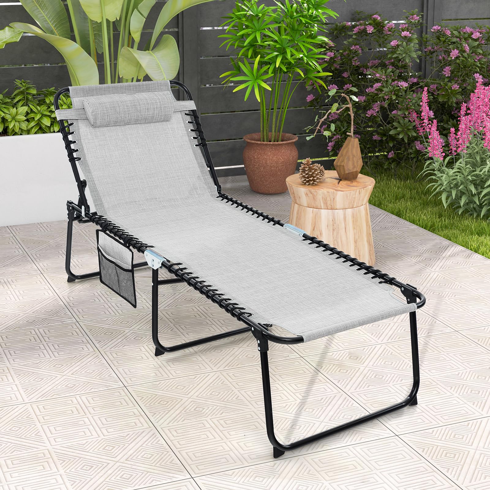 COSTWAY Lettino Prendisole da Giardino, Sedia a Sdraio Pieghevole con Schienale Regolabile, Cuscino Staccabile, Tasca, Portata 200 kg, 168-188 x 69 x 41-86 cm (Grigio)