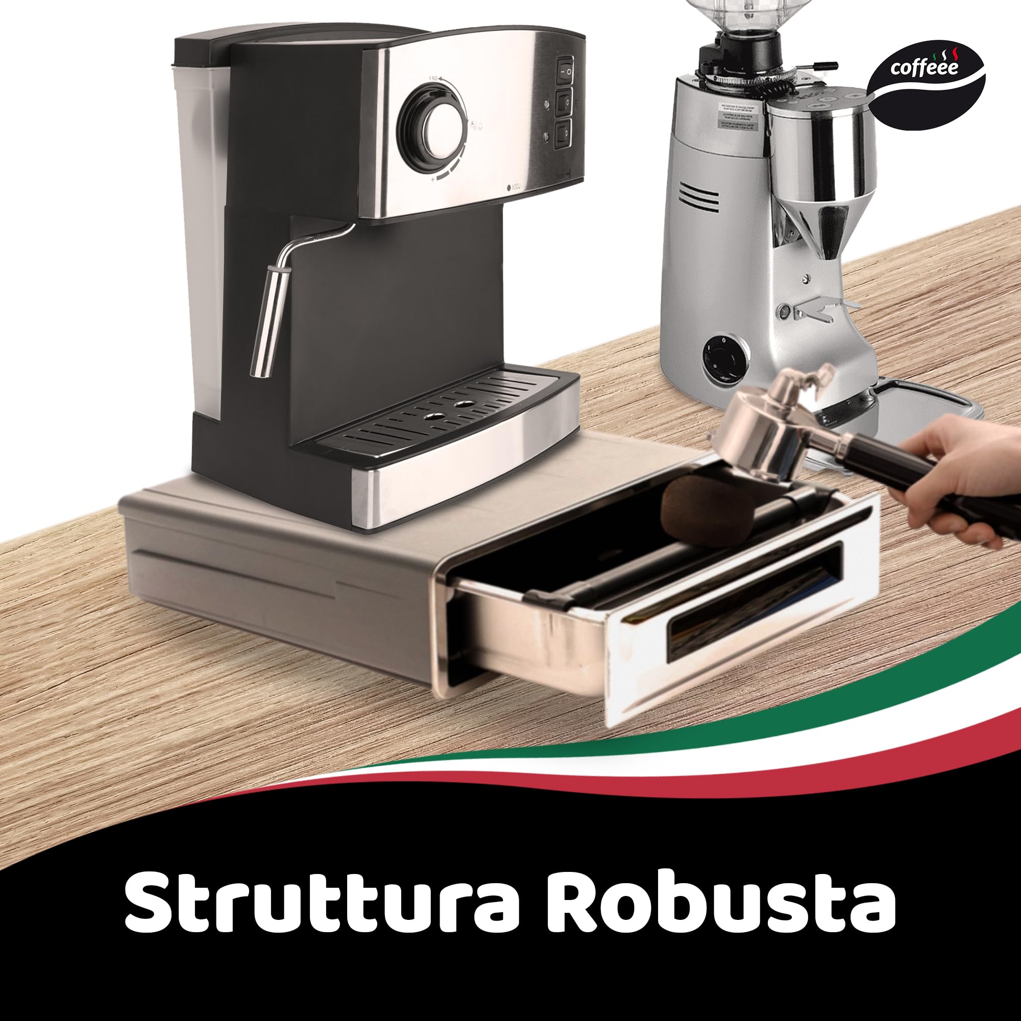 COFFEEE Bastone Battifiltro Caffe - Bastone per Cassetti del Caffè Compatibile con la Maggior Parte di Cassetti e Tramogge - Diam. 30 mm, Lungo 342 mm - Ganci di Supporto - Prodotto in Italia