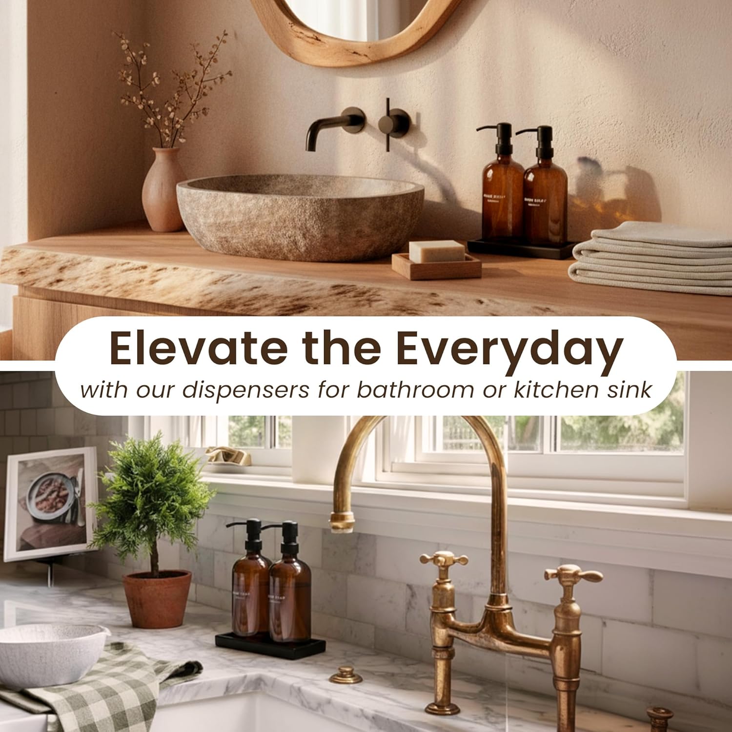 Maisonovo Kitchen Soap Dispenser Set – Hand and Dish Soap Dispenser Set with Amber Glass Soap Dispenser, Black Pumps & Ceramic Tray - Image 7