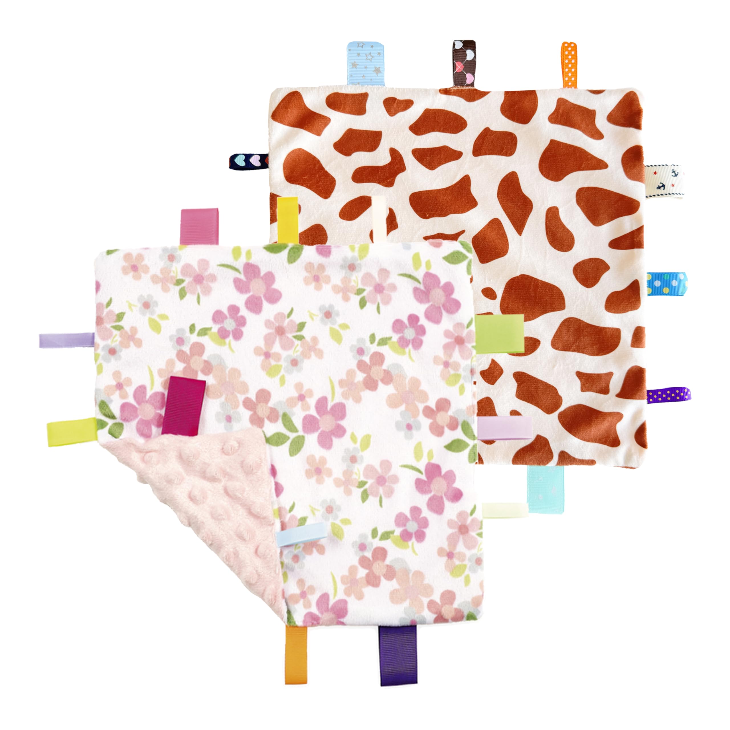 CREVENT Mantas de seguridad con etiqueta para bebés, suaves mantitas pequeñas para niños, manta sensorial para bebés, grandes regalos para cumpleaños y baby shower (24x24cm Jirafa+Flor)