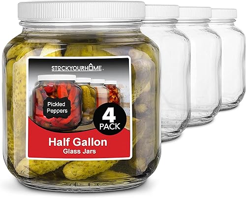 Tarro de vidrio de 64 onzas con tapa hermética de plástico paquete de 4 Tarro Mason de medio galón para encurtido fermentación elaboración de