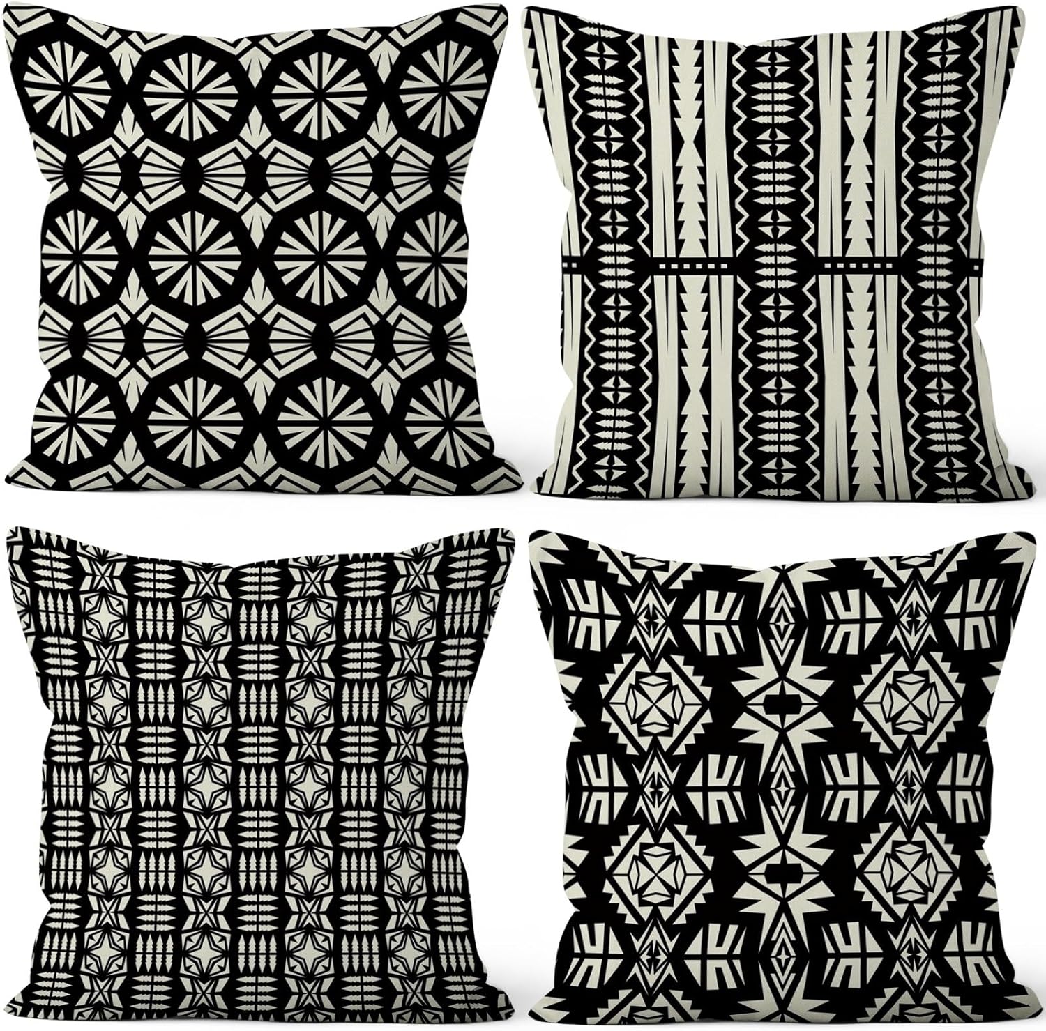 Black Geometry Throw Pillow Covers 22"x22" Set of 4, Bohemian Cushion Covers Moroccan Abstract Floral Pillowcase for Couch Sofa Bed Chair Living Room Patio Home Indoor Outdoor Decorative