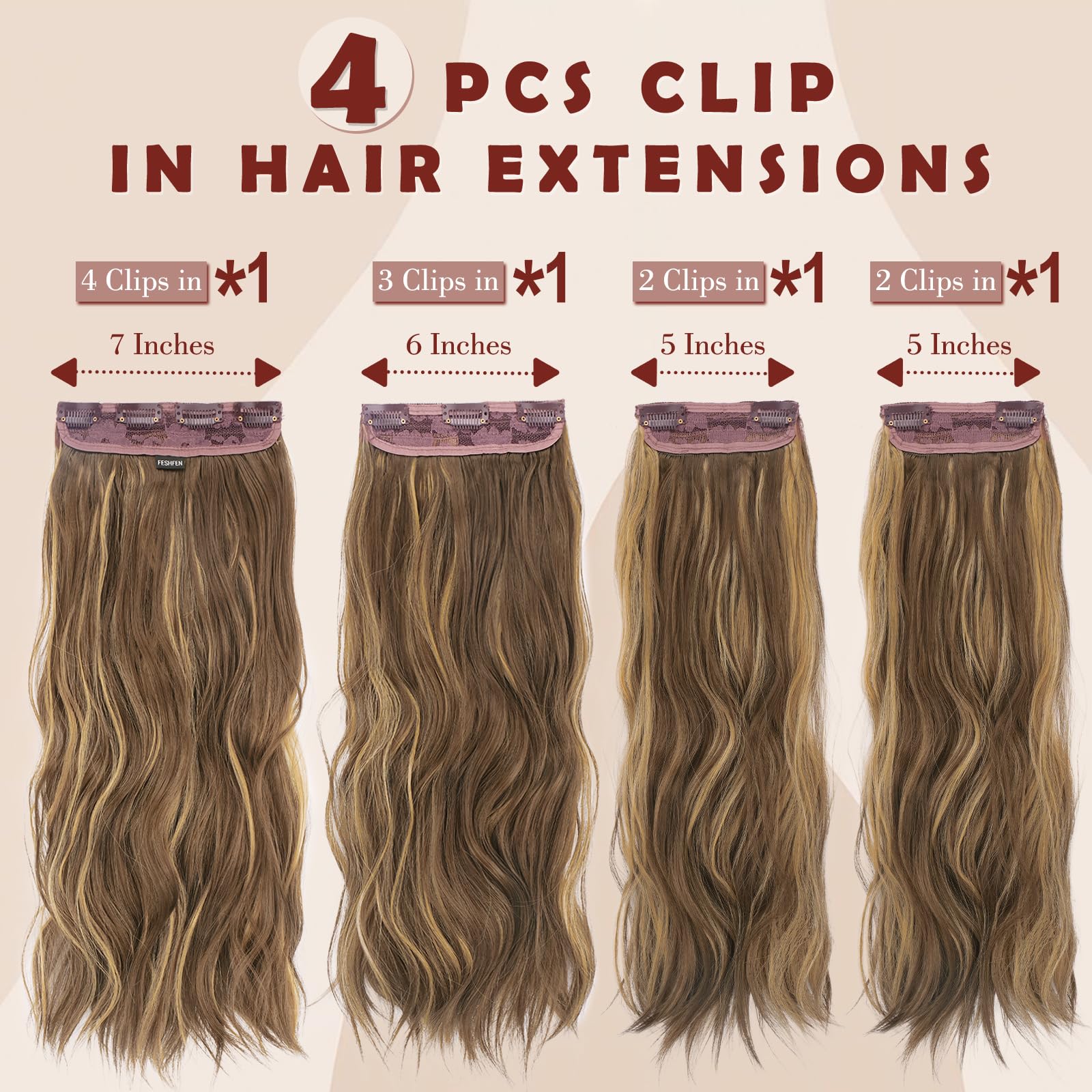 FESHFEN Clip in Hair Extensions for Women, 4 Pcs Thick Double Weft Long Wavy Soft Synthetic Blends Well Hair Extension - Image 2