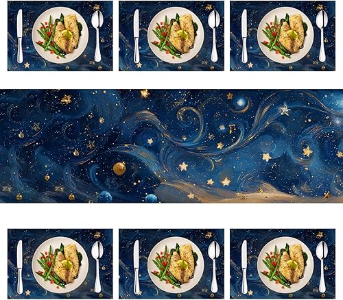 Miniatura 62 de Juego de manteles individuales y camino de mesa de muñeco de nieve y árbol de Navidad, 7 piezas (1 camino de mesa + 6 manteles individuales), diseño