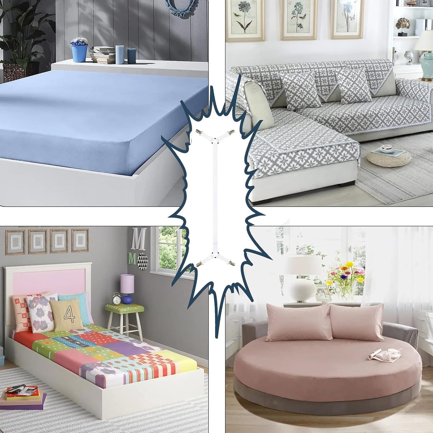 Consss Bed Sheet Straps, Adjustable Durable Bed Sheet Holder Straps with Metal Clips, Elastic Sheet Holders Keep Sheets Firm & Tight 2PCS White