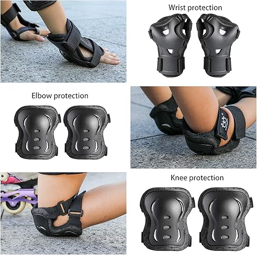 Miniatura 4 de Juego de 6 rodilleras para niños, jóvenes, adultos, coderas con muñequeras, equipo de protección, para patinaje, ciclismo, patinaje, bicicleta,