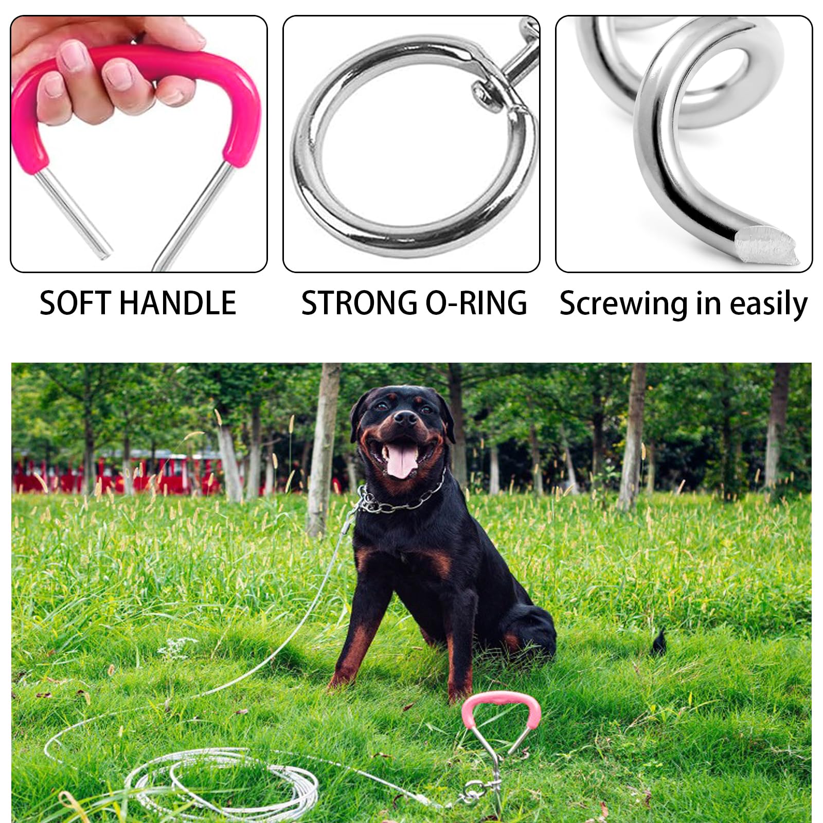 3 m Laisse pour Chien avec 42 cm Ancrage au Sol, 6 mm Câble d'attache Chiens Petite Medium Grande avec Crochet Pivotant, Jusqu'à 250 kg, PVC Coated, Anti-Morsure, Chaîne Chien Extérieur (3m Rose)