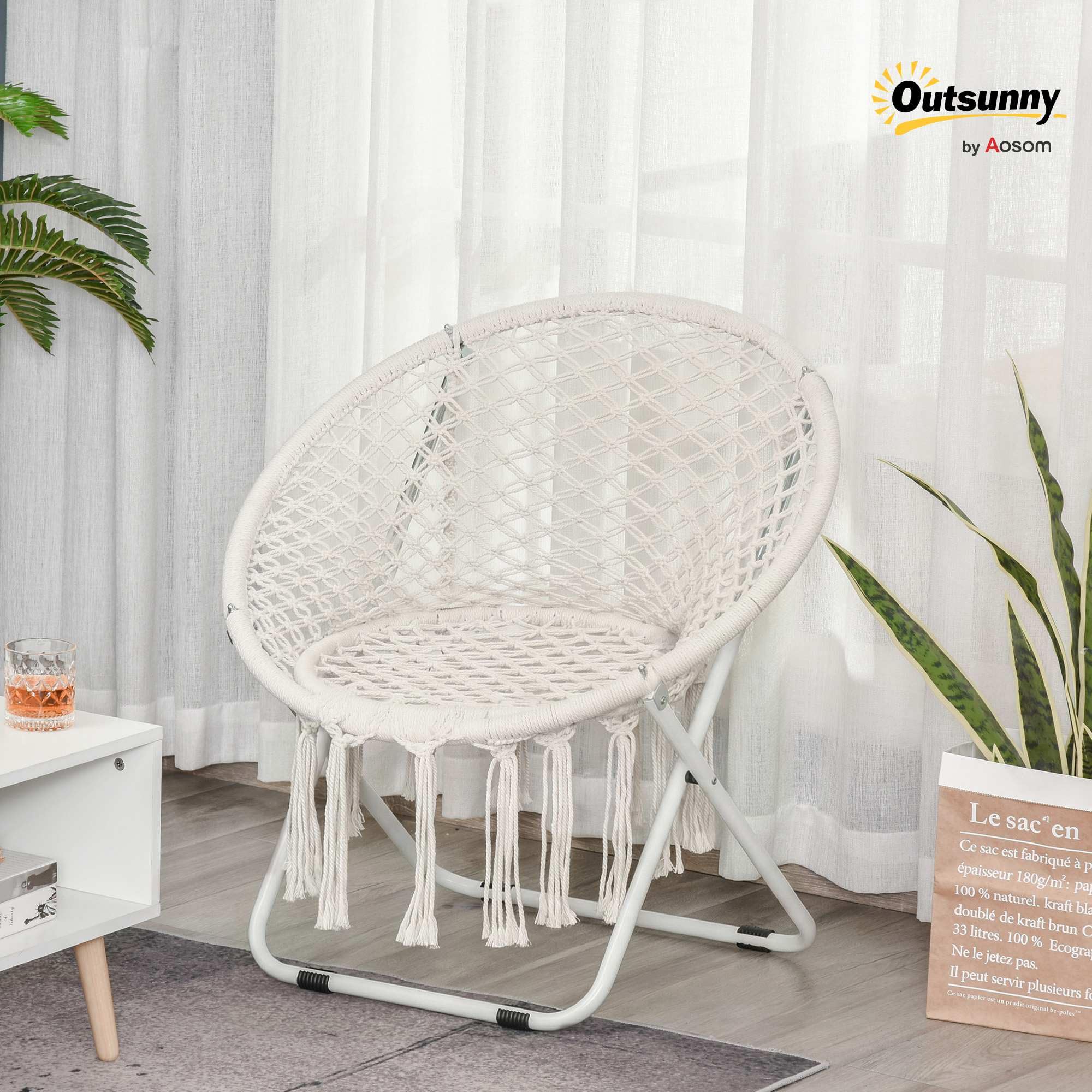 Outsunny Loveuse Fauteuil Rond de Jardin Fauteuil Lune papasan Pliable Grand Confort macramé Coton Polyester Beige