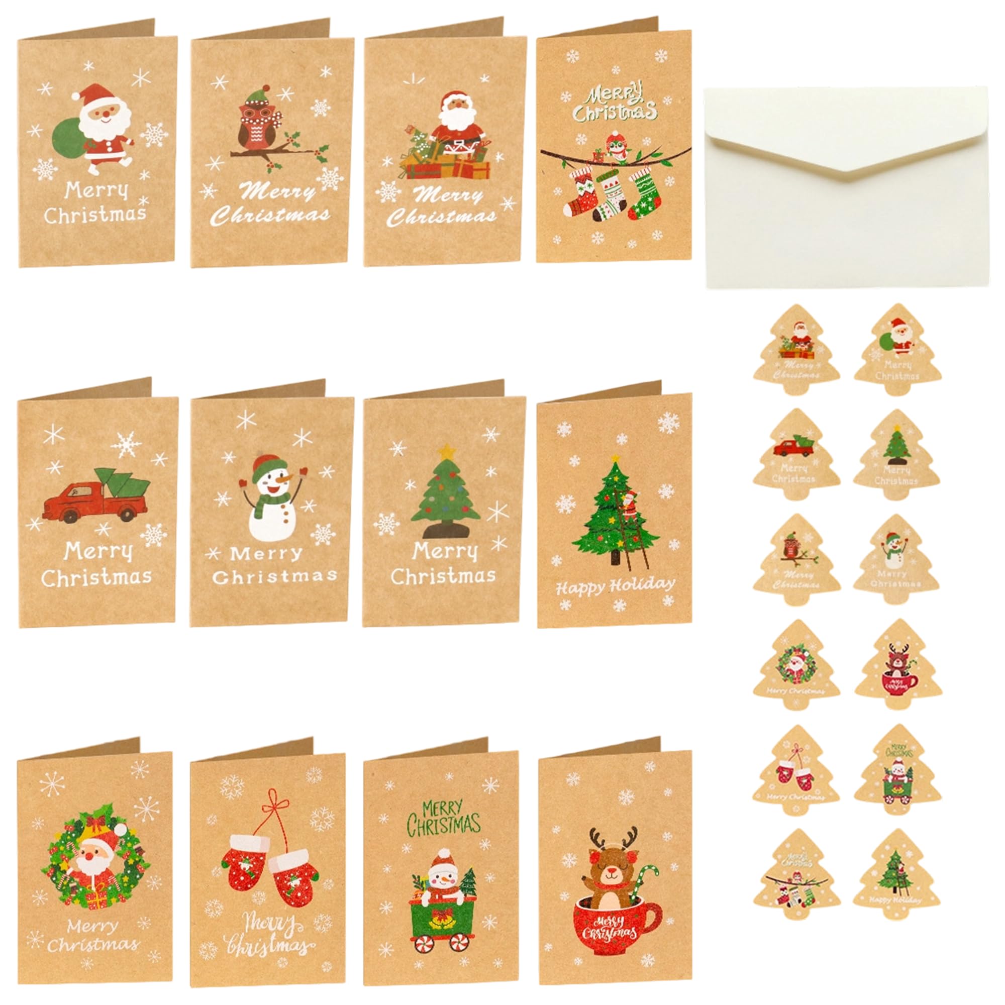 12 Pack Christmas Greeting Cards Xmas Note Cards with Kraft Envelope Stickers Truck Xmas Tree Paper Gift Cards for Holiday Invitation Supplies