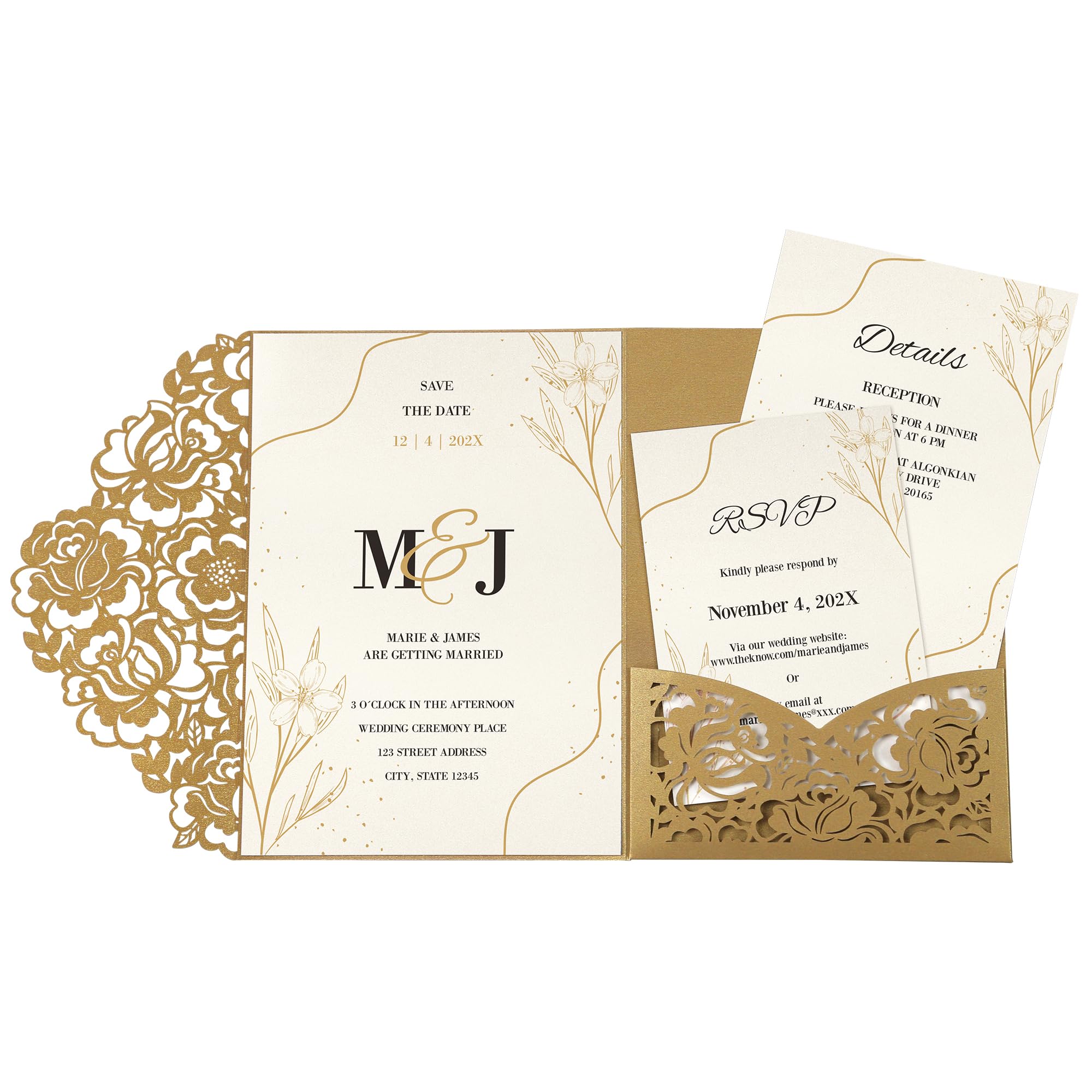DORIS HOME 50pcs Laser Cut Wedding Invitation Pockets with Envelopes Gold, 5.12" x 7.12"Invitation Cards for Wedding, Anniversary (No Inserts Included)