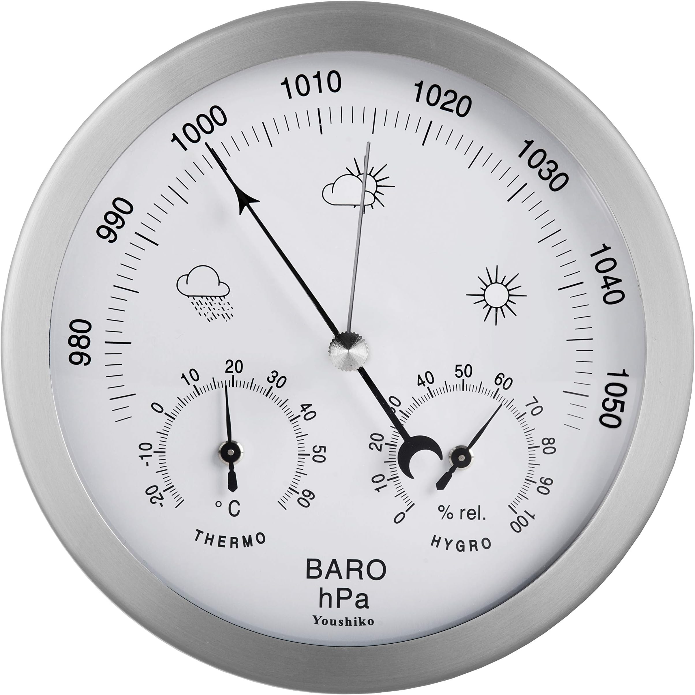 Youshiko 3 in 1 (Latest 2026 Version) Weather Station for Indoor and Outdoor use, diameter 14 cm, Barometer Thermometer Hygrometer with stainless steel frame