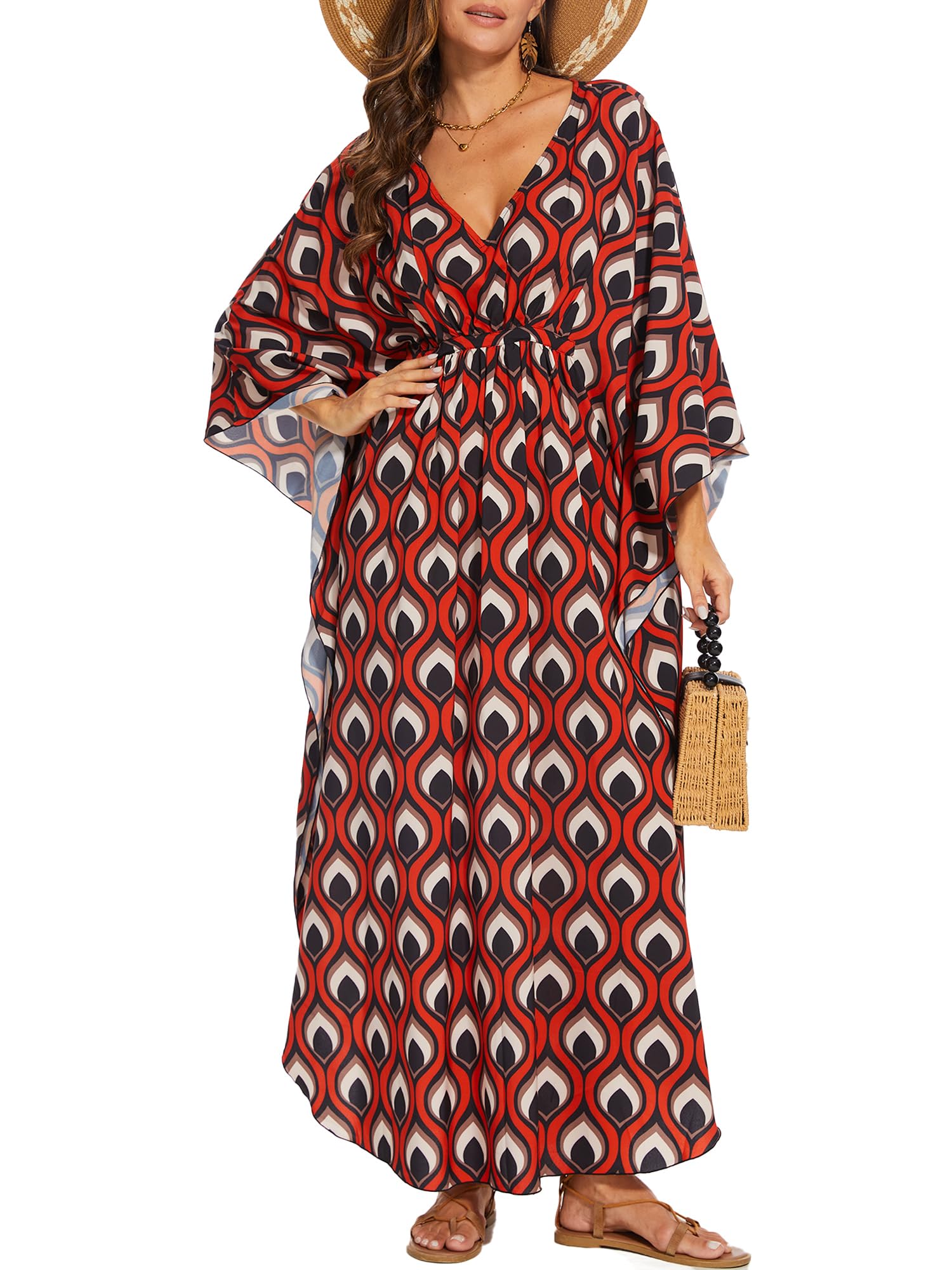 Moss Rose Kaftan Dresses for Women V Neck Summer Swimsuit Cover up Caftan Maxi Beach Dresses