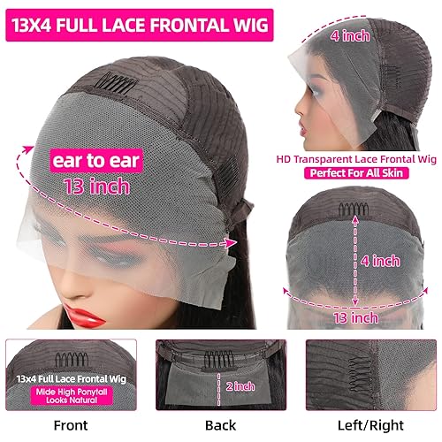 Miniatura 2 de Lemoda Pelucas de cabello humano ondulado con encaje frontal de 13 x 4 pulgadas, densidad del 180%, nudos blanqueados, peluca frontal de encaje