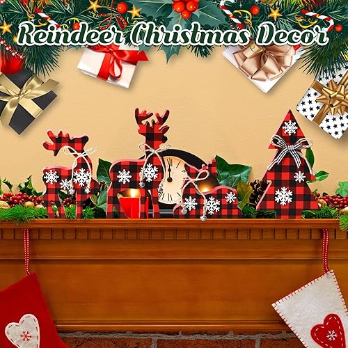 Miniatura 10 de Barydat 4 piezas de decoraciones de mesa de Navidad, 3 renos, 1 árbol de Navidad, centro de mesa de madera, decoración rústica de alce de mesa,