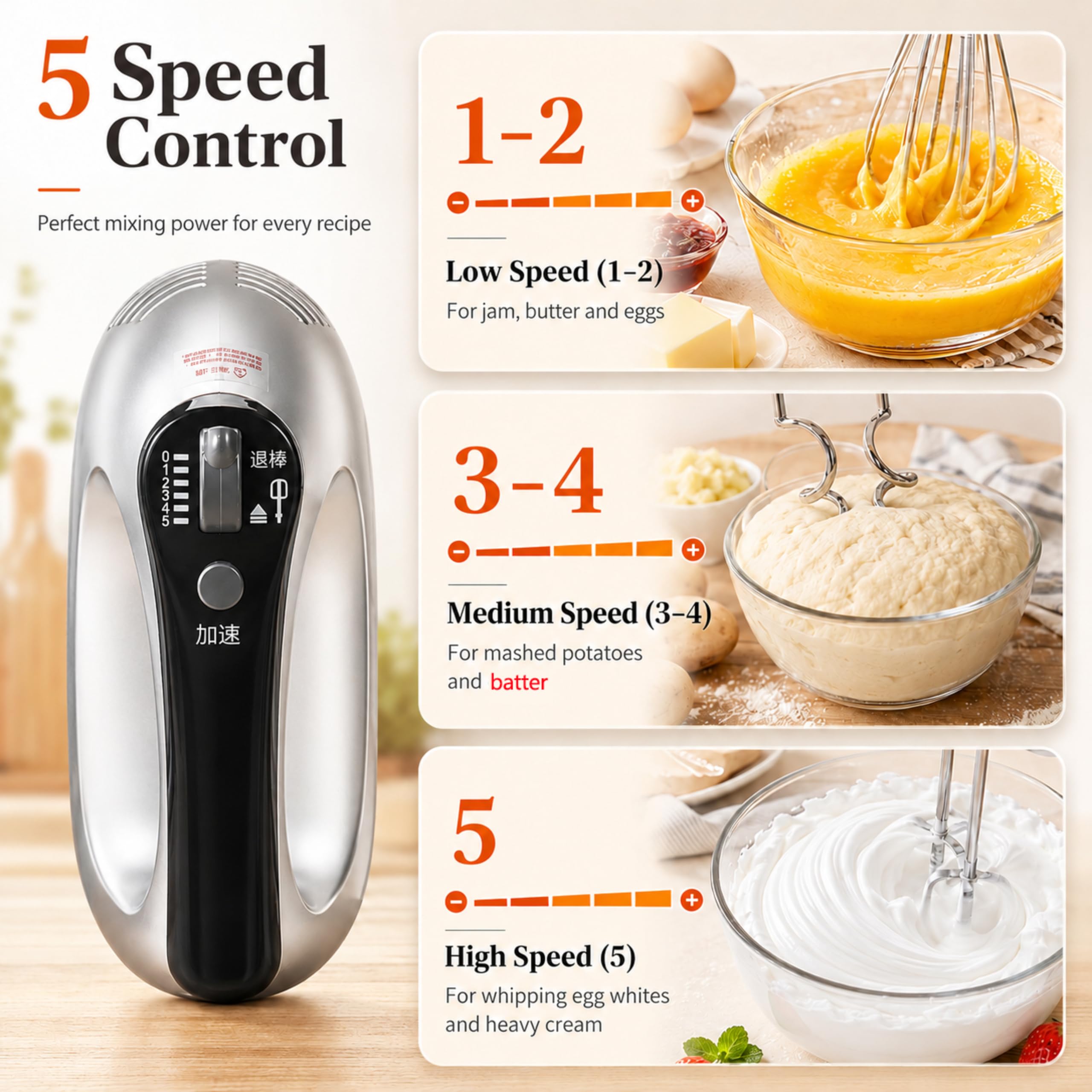 2-in-1 electric mixer with stand; mixes quickly and efficiently; 300W power; 5 speed settings; 3.5-liter capacity; ideal for home use and hobbyists