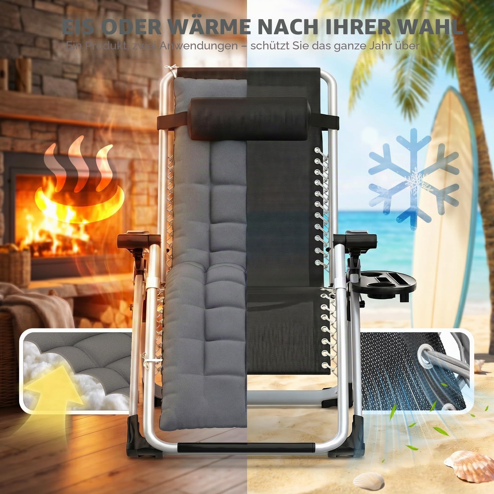 Klappbare Gartenliege,Sonnenliege Liegestuhl,Verstellbare Rückenlehne Liegestuhl mit Nackenkissen,Getränkehalter&Seitentasche (Grau)
