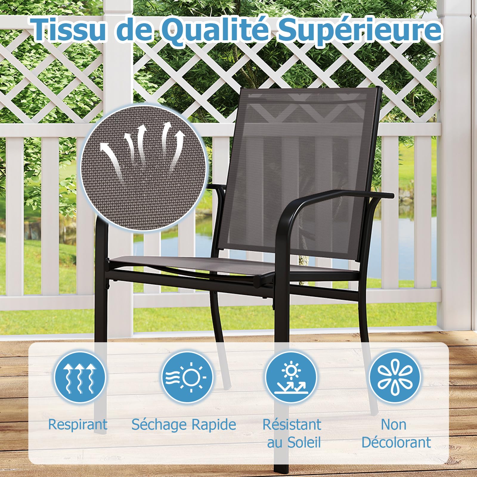 COSTWAY Lot de 2/4 Chaises de Jardin Exterieur Empilable, Chaise de Salle à Manger, Tissu Respirant, Dossier Haut, Cadre en Métal, Fauteuil Exterieur pour Jardin Terrasse Balcon, Charge 150 kg (4)