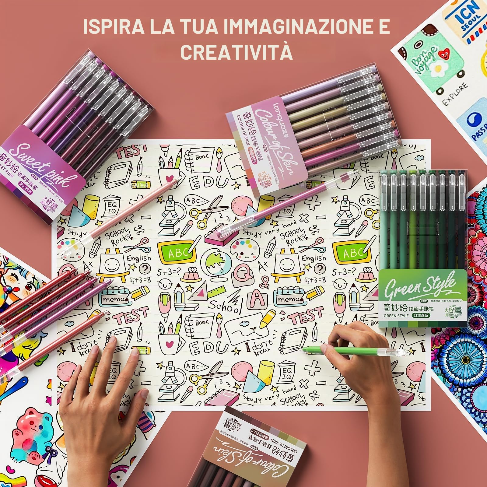 TrendGate Set di 168 penne gel, punta fine da 0,5 mm, 162 colori (159 colori + 3 bianco/3 argento/3 oro), set di penne gel per pittura, scrittura e diario