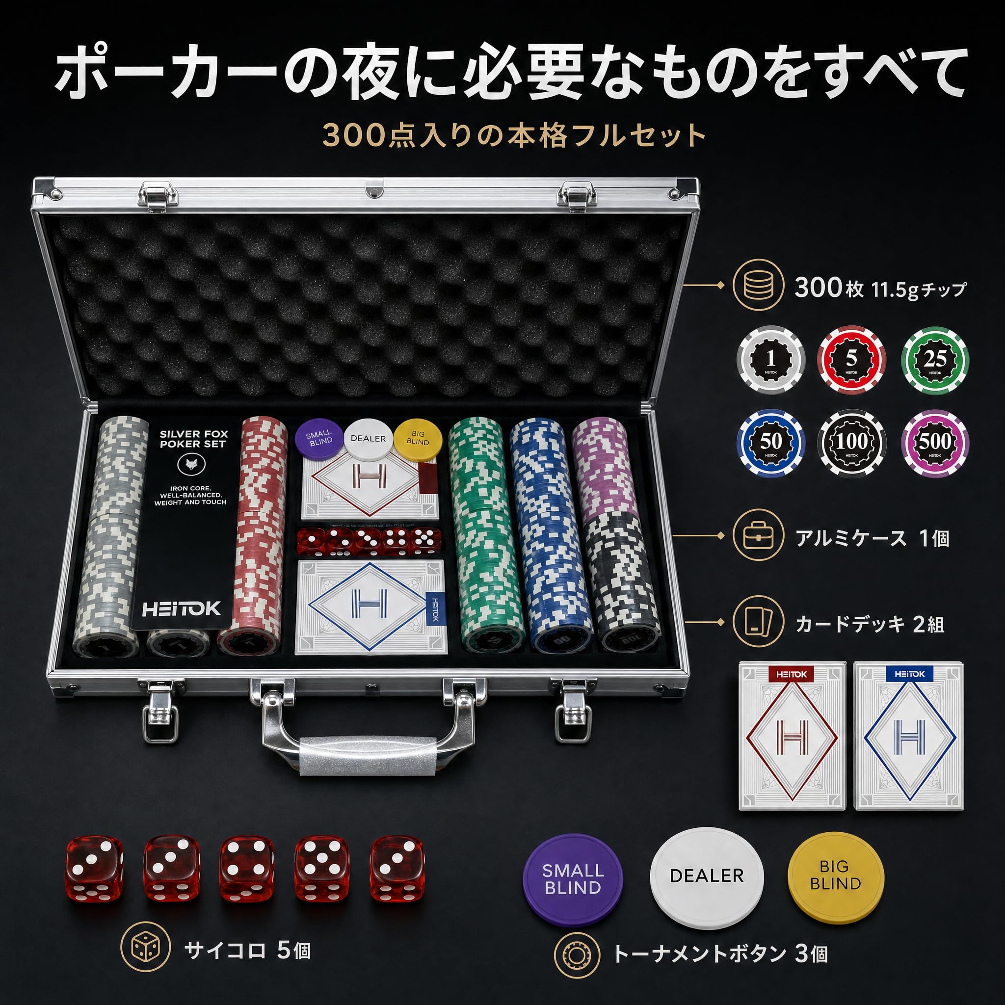 Amazon | HEITOK ポーカーセット 300枚 数字入り 11.5g 重量感 カジノ
