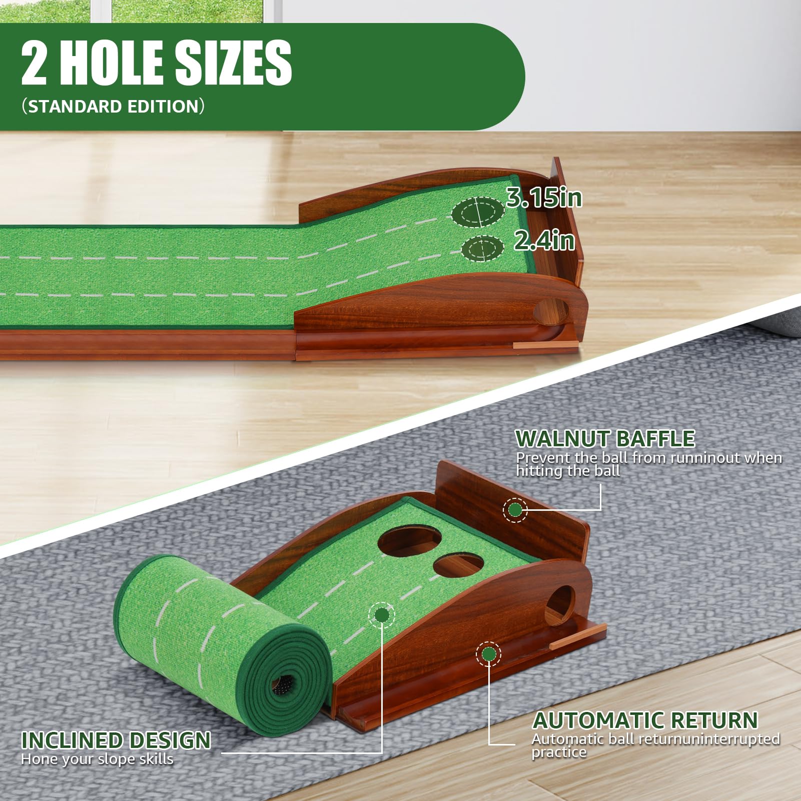 XDriveMax Golf Putting Matte Indoor,2 Loch rutschfeste puttingmatte Golf Indoor mit Ballrückführung ohne Blockierung, geeignet für Golfübungen, Homeoffice und als schönes Geschenk