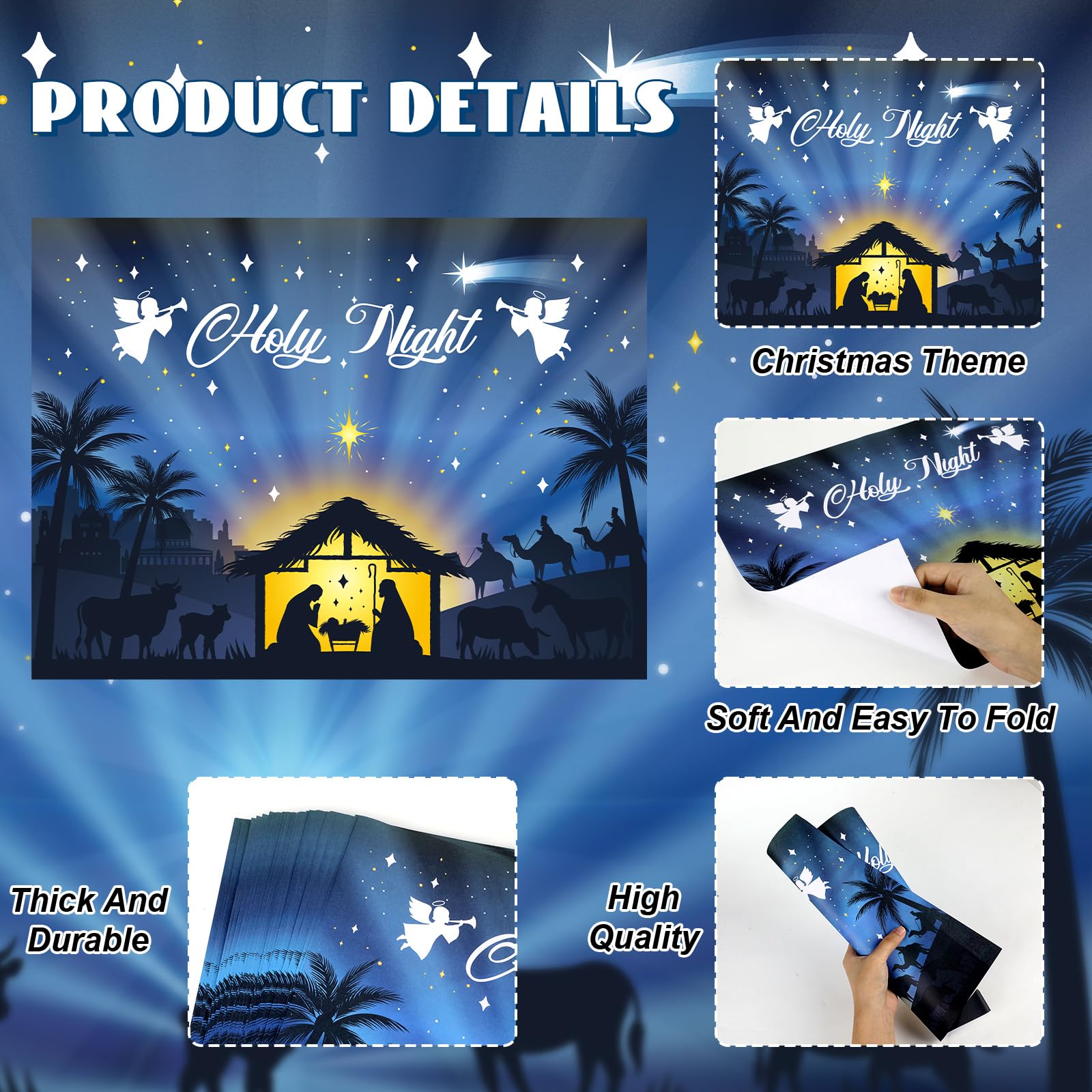OBUSATT 100 manteles individuales de papel de Navidad con diseño de noche santa, para belén, color azul, manteles individuales de cocina para vacaciones, fiesta de invierno, decoración de mesa de