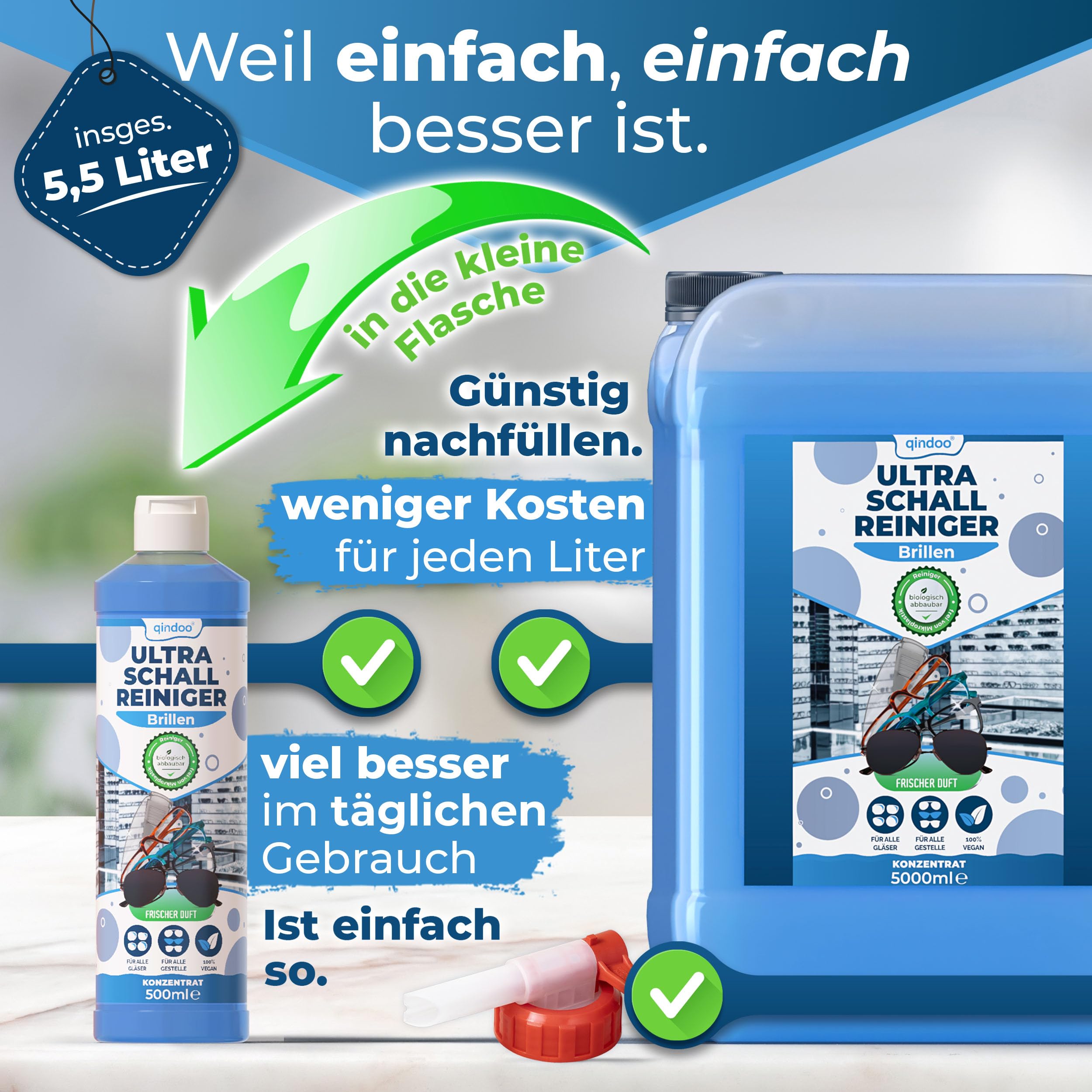 Brille Ultraschall Reiniger Optiker für die Brillen Reinigung im Ultraschallgerät, Konzentrat (5.5 Liter Sparset)