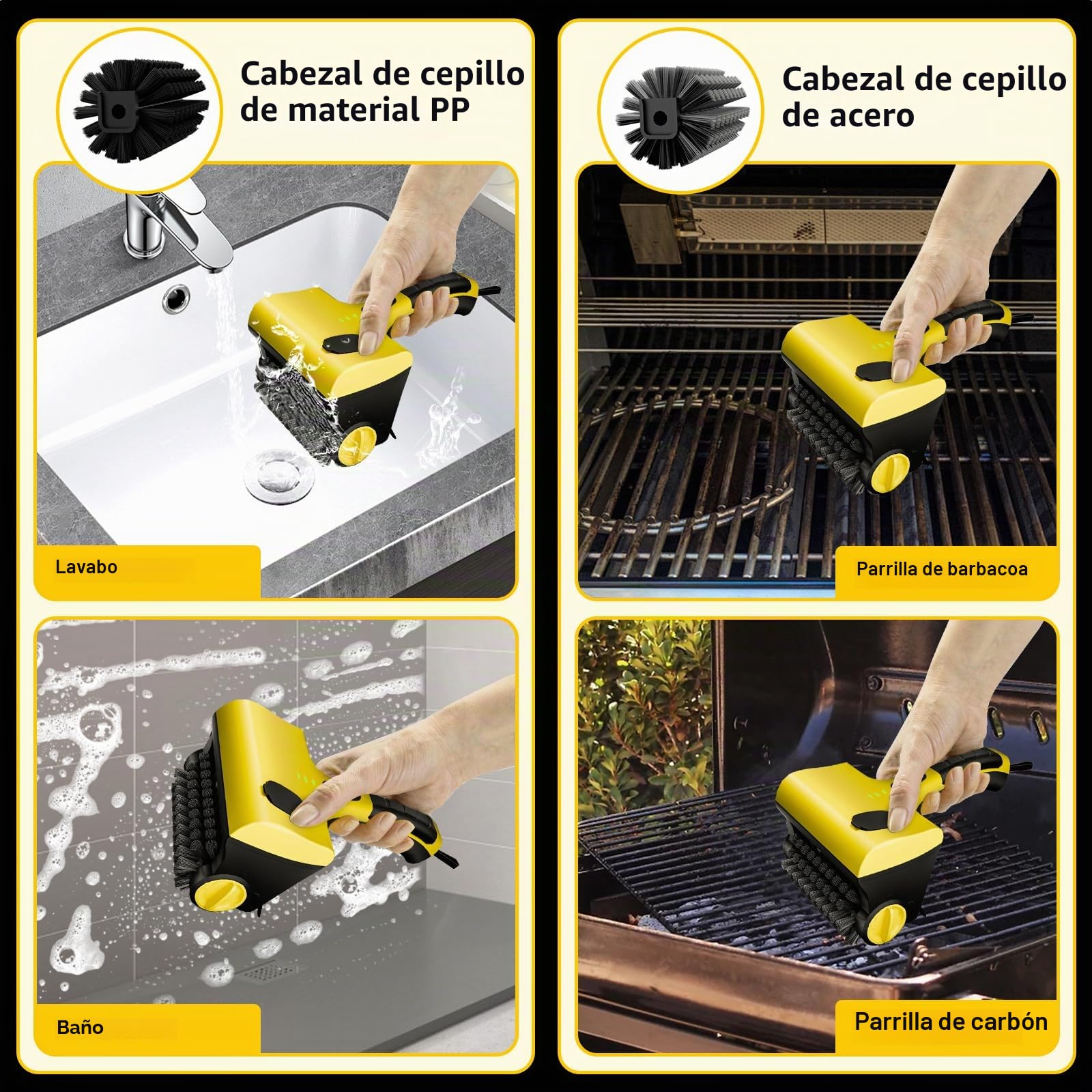 Roadtime Cepillo Eléctrico Inalámbrico para Parrilla con Tanque Agua | cepillo de limpieza con 2600 mAh batería&2 cabezales giratorios de 360°,Cepillo Barbacoa para CarbóN,Electricidad Parrilla