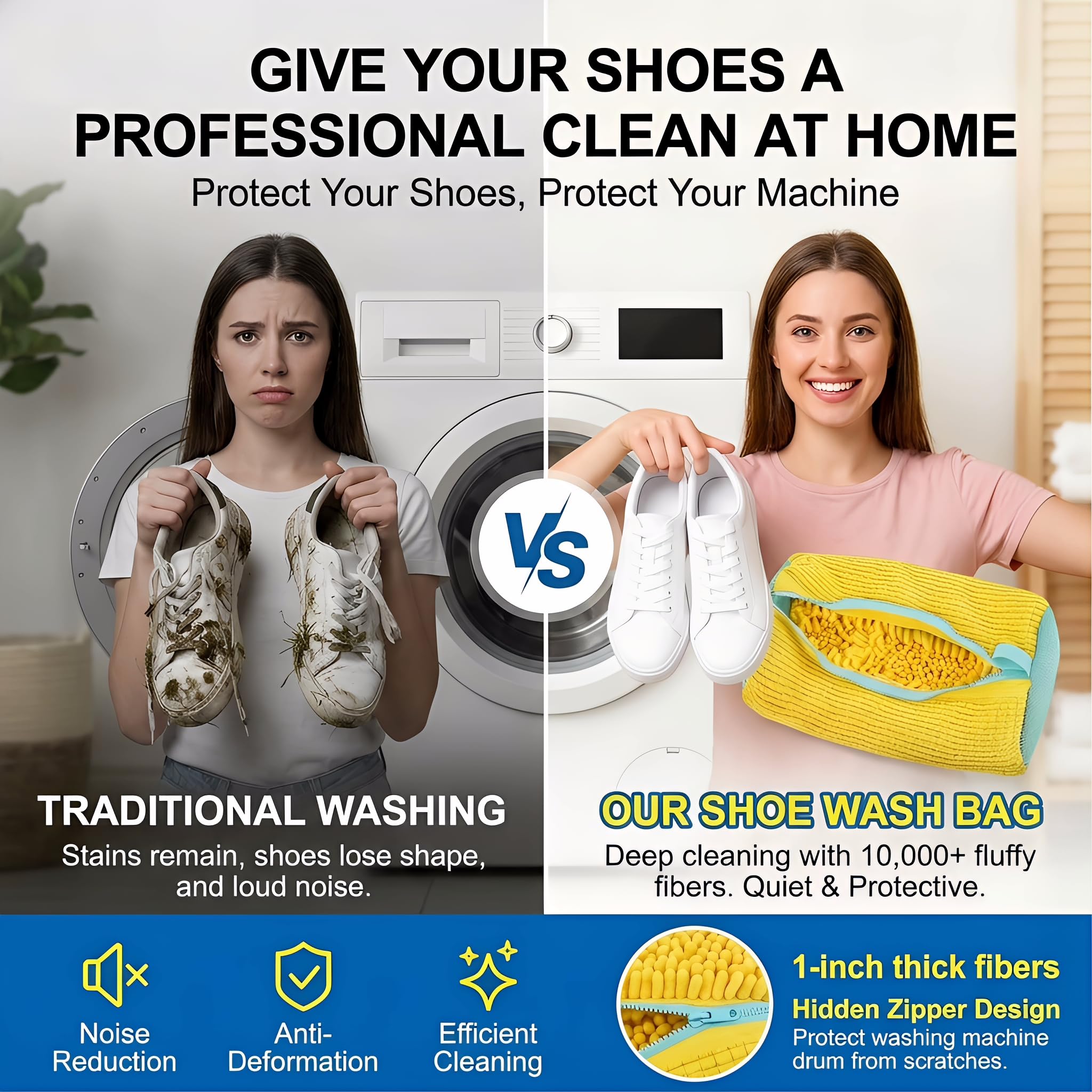 Worek do prania butów, 2 sztuki, wielokrotnego użytku, zamek błyskawiczny, pluszowe worki do prania, do pralki, siatka do prania wszystkich rodzajów butów typu sneaker (żółta)