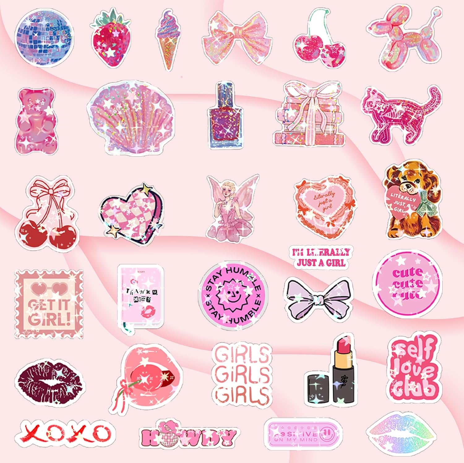 136Pcs Preppy Stickers, Holographic Cute Pink Girls Coquette Aesthetic Stickers Decals Vinyl Girly Bow Waterproof Sticker for Kids Grils Teens for Water Bottle Laptop Cups Scrapbook Journaling Decor